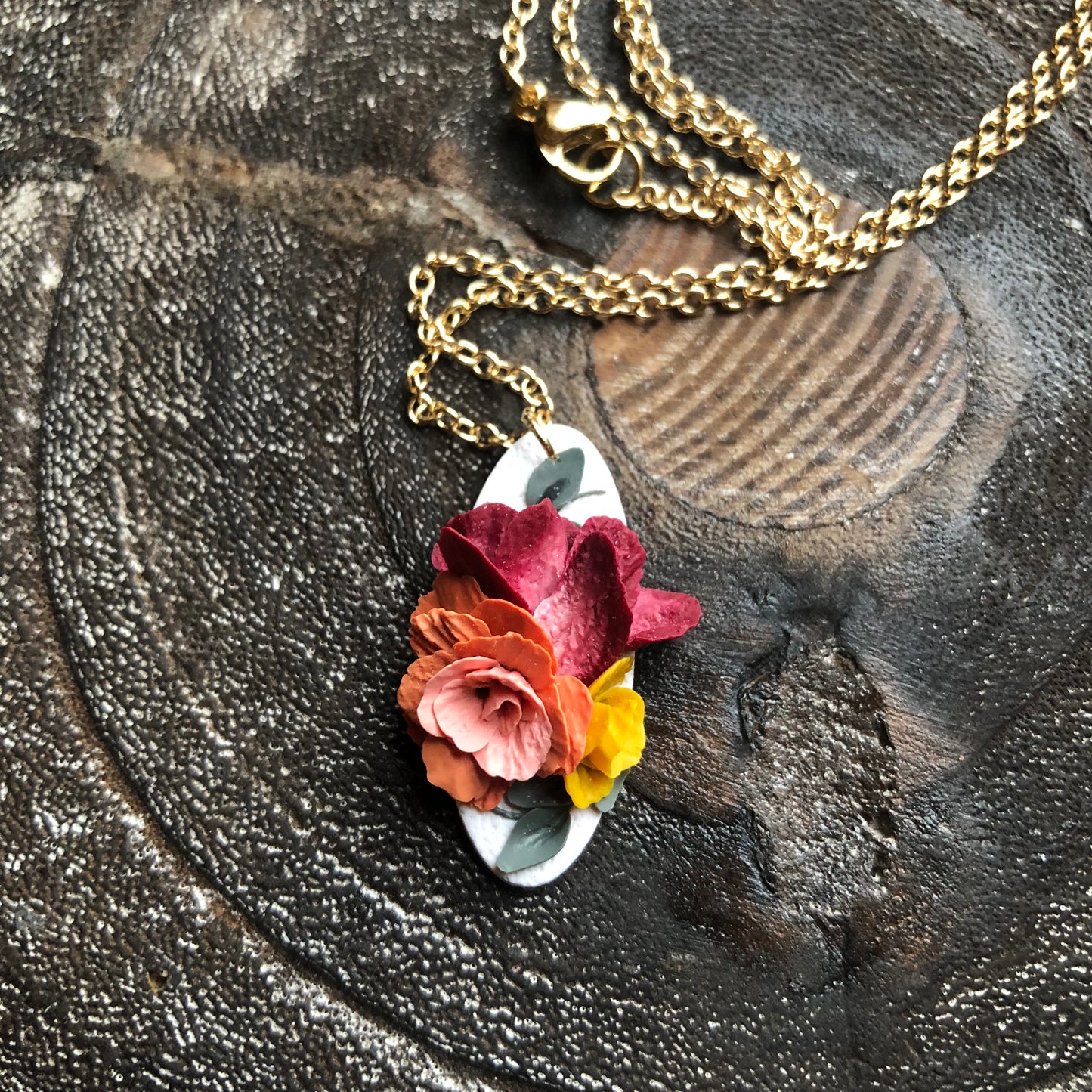 Summer 2025 Polymer Clay Collection, Oval Floral Necklace on 14k Gold Filled Chain