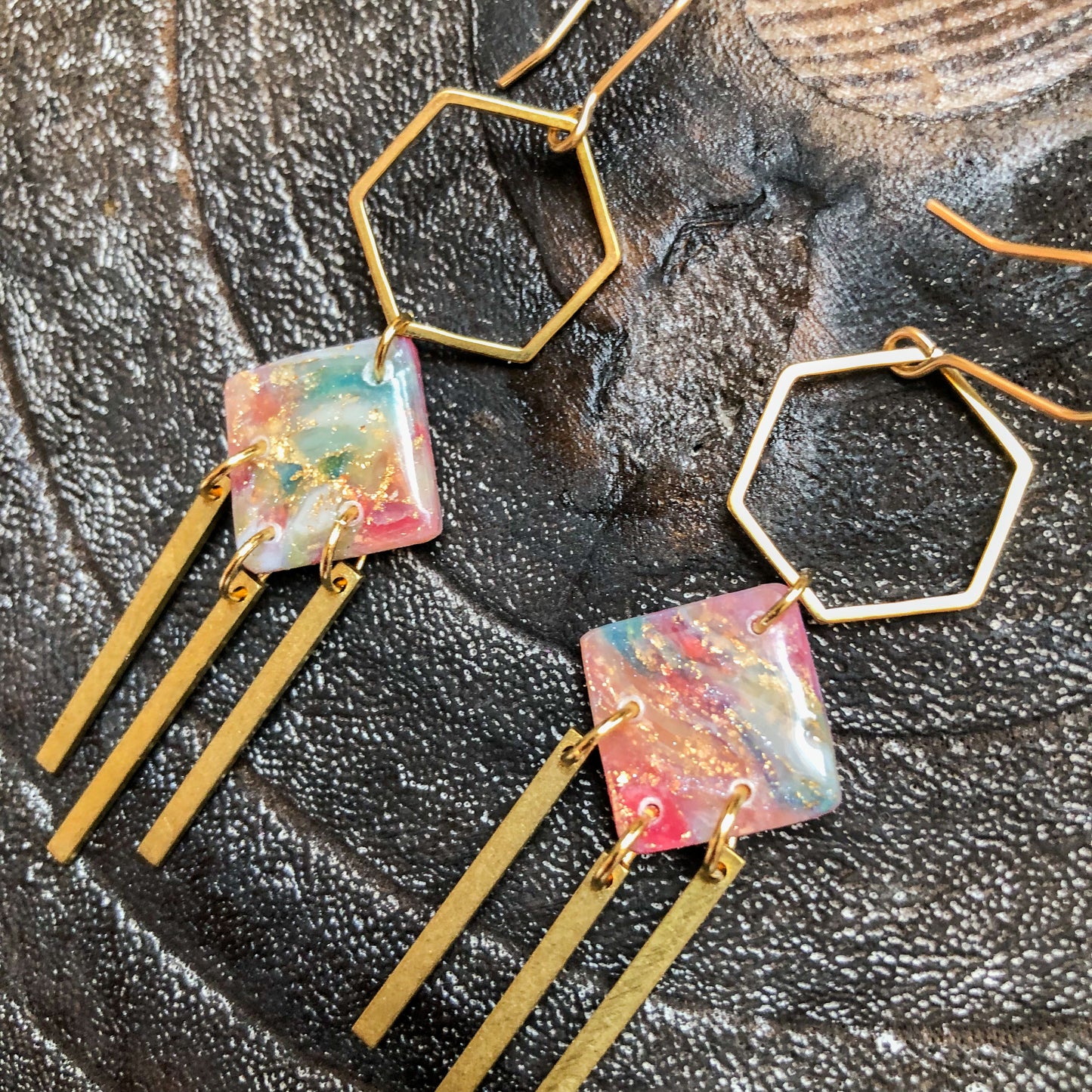 Flecks of Gold Collection, Diamonds and Hexagons, on 14k Gold Filled Hooks