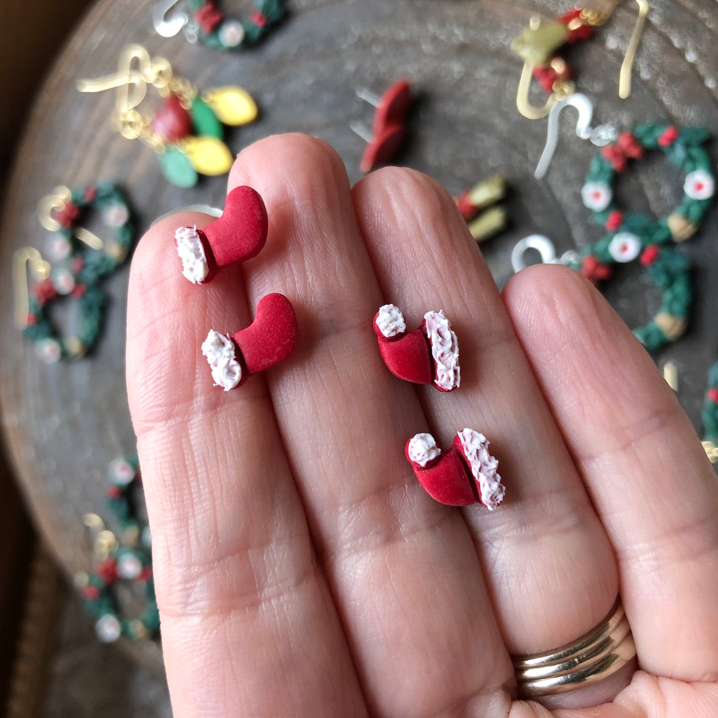 Christmas Studs, Santa Hats and Stockings in Polymer Clay on Surgical Stainless Steel