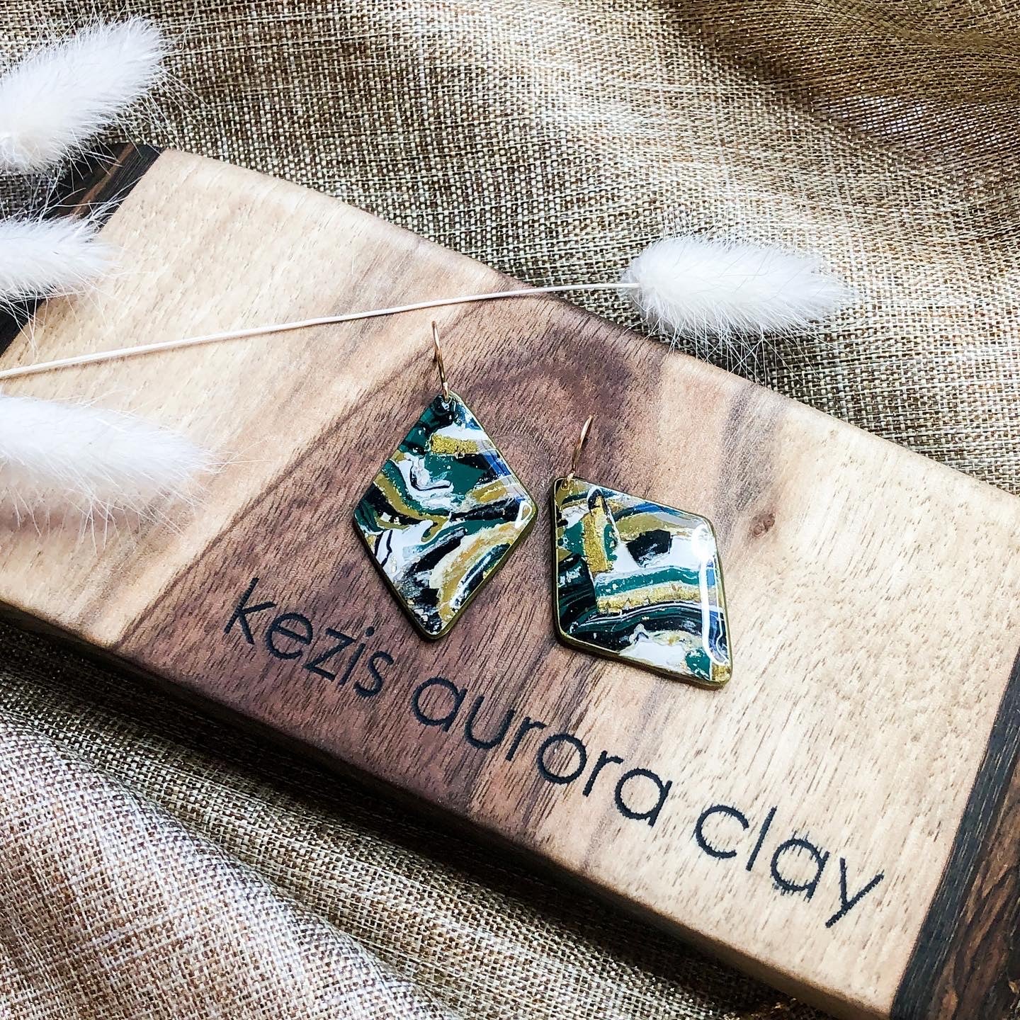 Earth Tone Polymer Clay Diamond Dangle Earrings on 14k Gold Filled Wire, Canadian Made