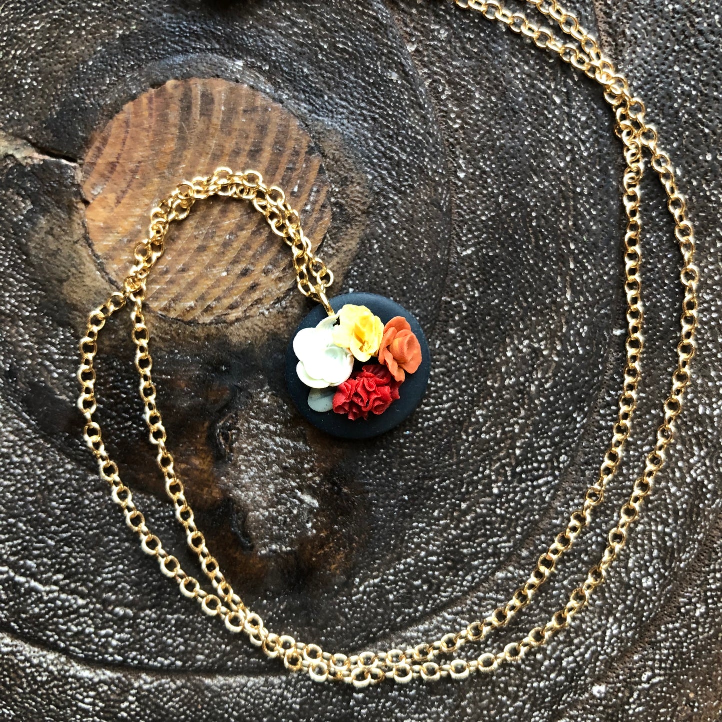 Bright Autumn Floral Polymer Clay Necklace on 14k Gold Filled Chain, 18”