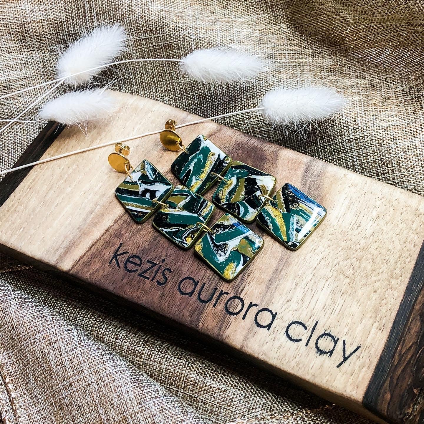 Earth Tone Polymer Clay 3 Square Dangle Earrings on Gold Circle Posts, Canadian Made