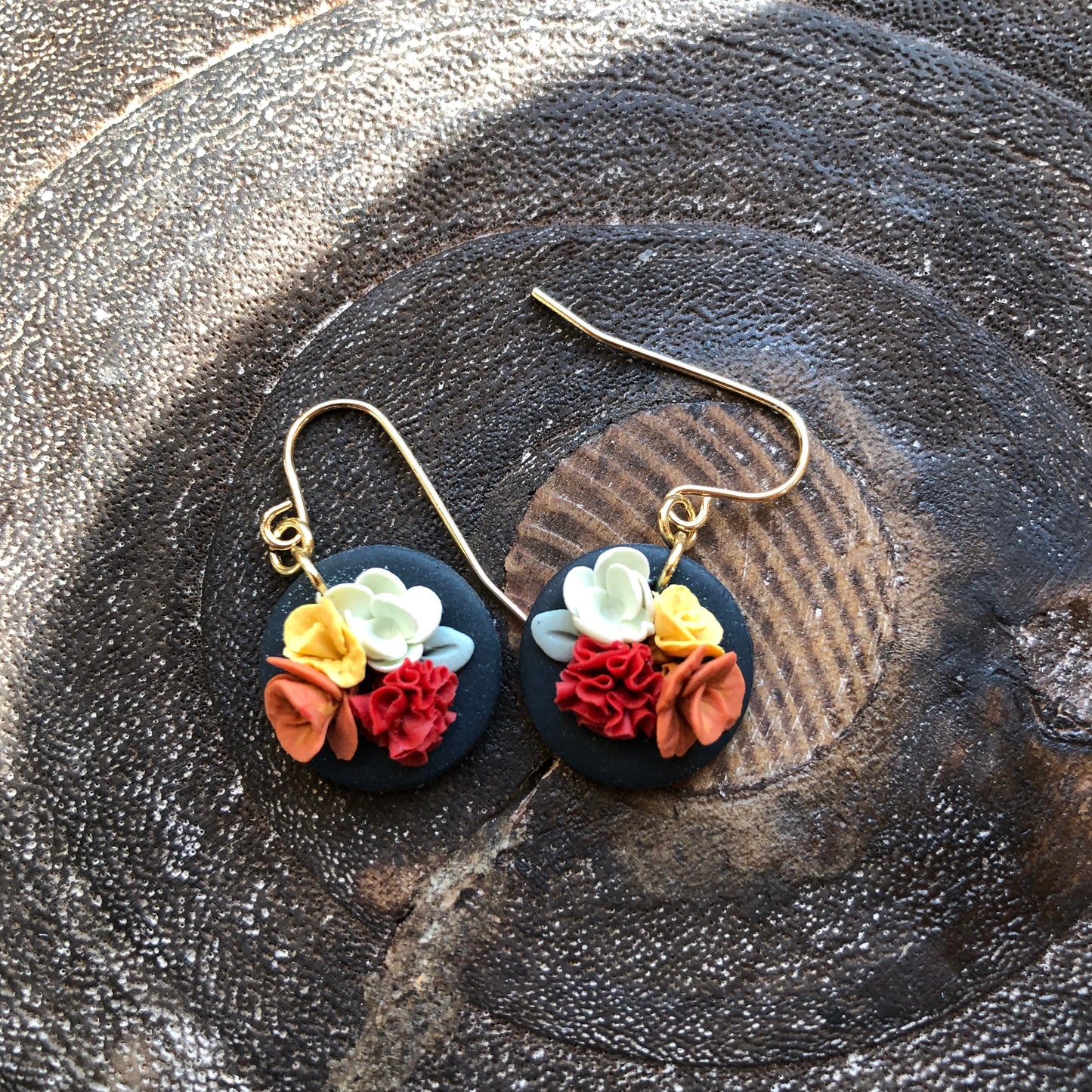 Bright Autumn Floral Polymer Clay Dangles on 14k Gold Filled Hooks