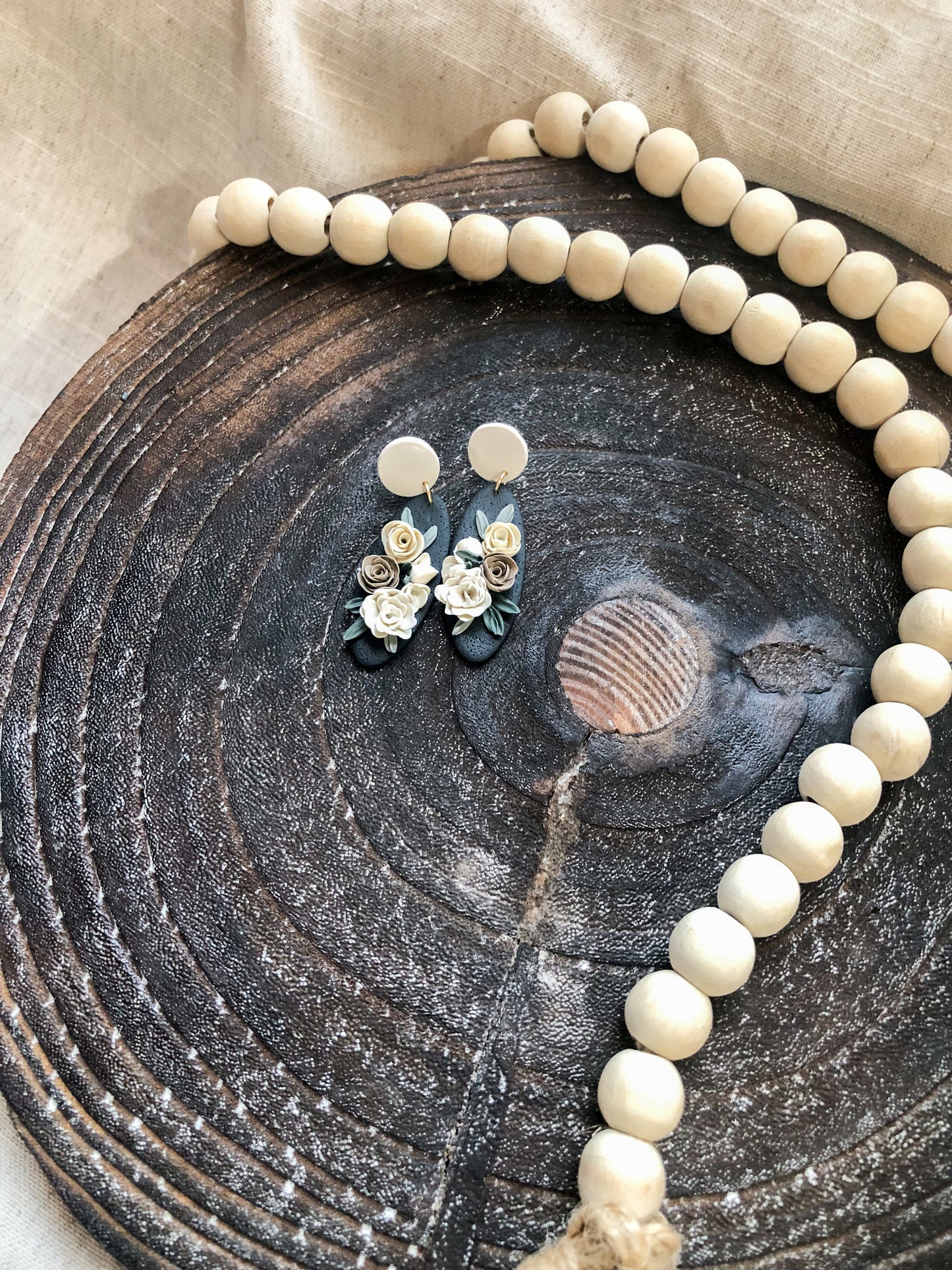 Beige Christmas Collection, Oval Polymer Clay Dangles on Surgical Stainless Steel