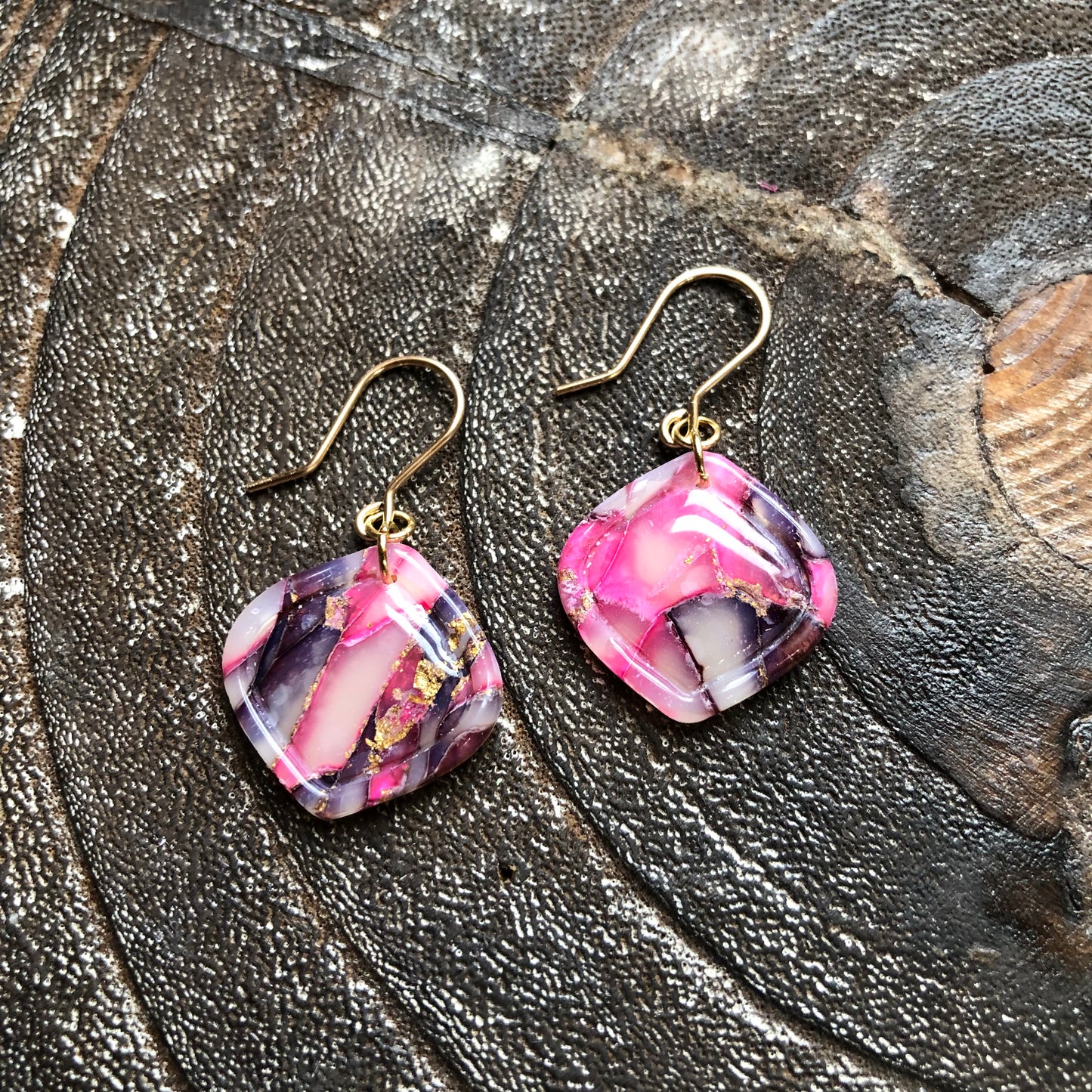 Pinks and Golds, Polymer Clay Dangles on 14k Gold Filled Hooks