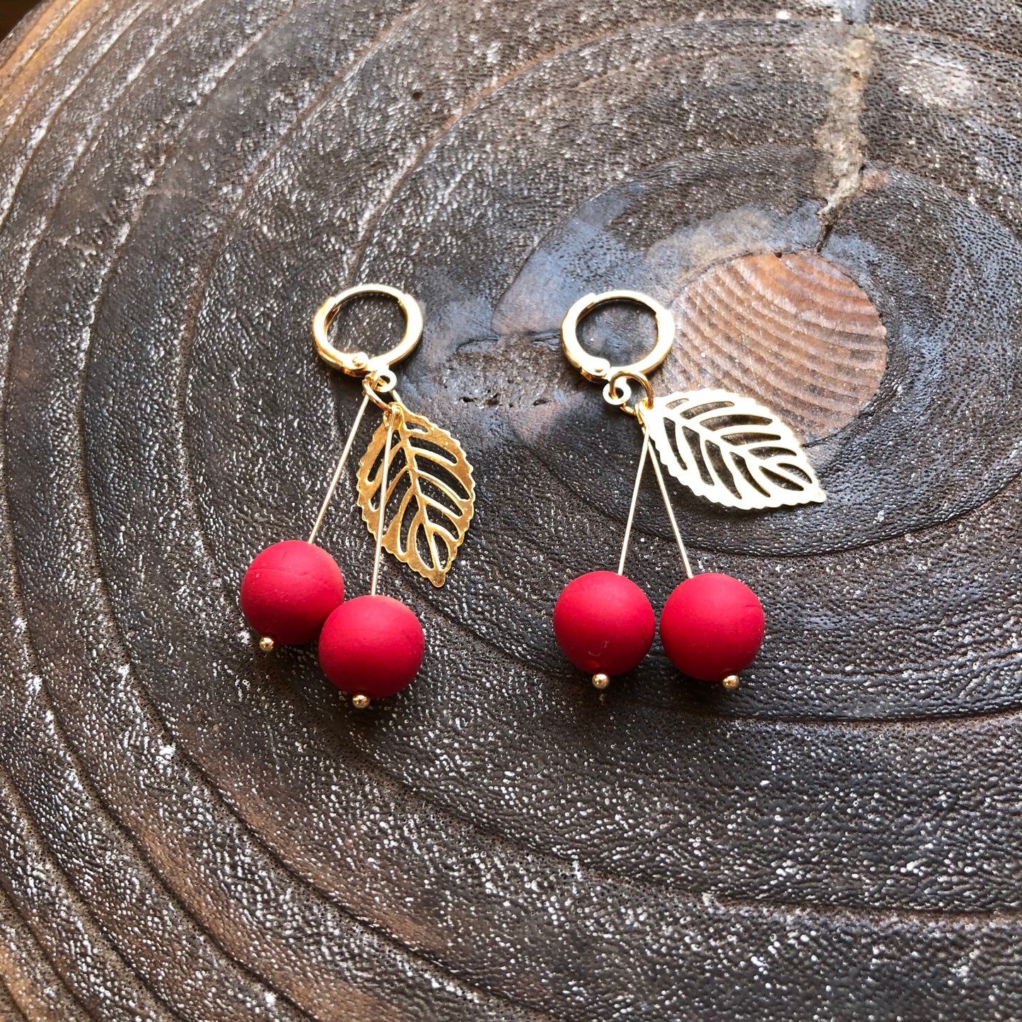 Cherry Dangle Polymer Clay Earrings on 14k Gold Huggies
