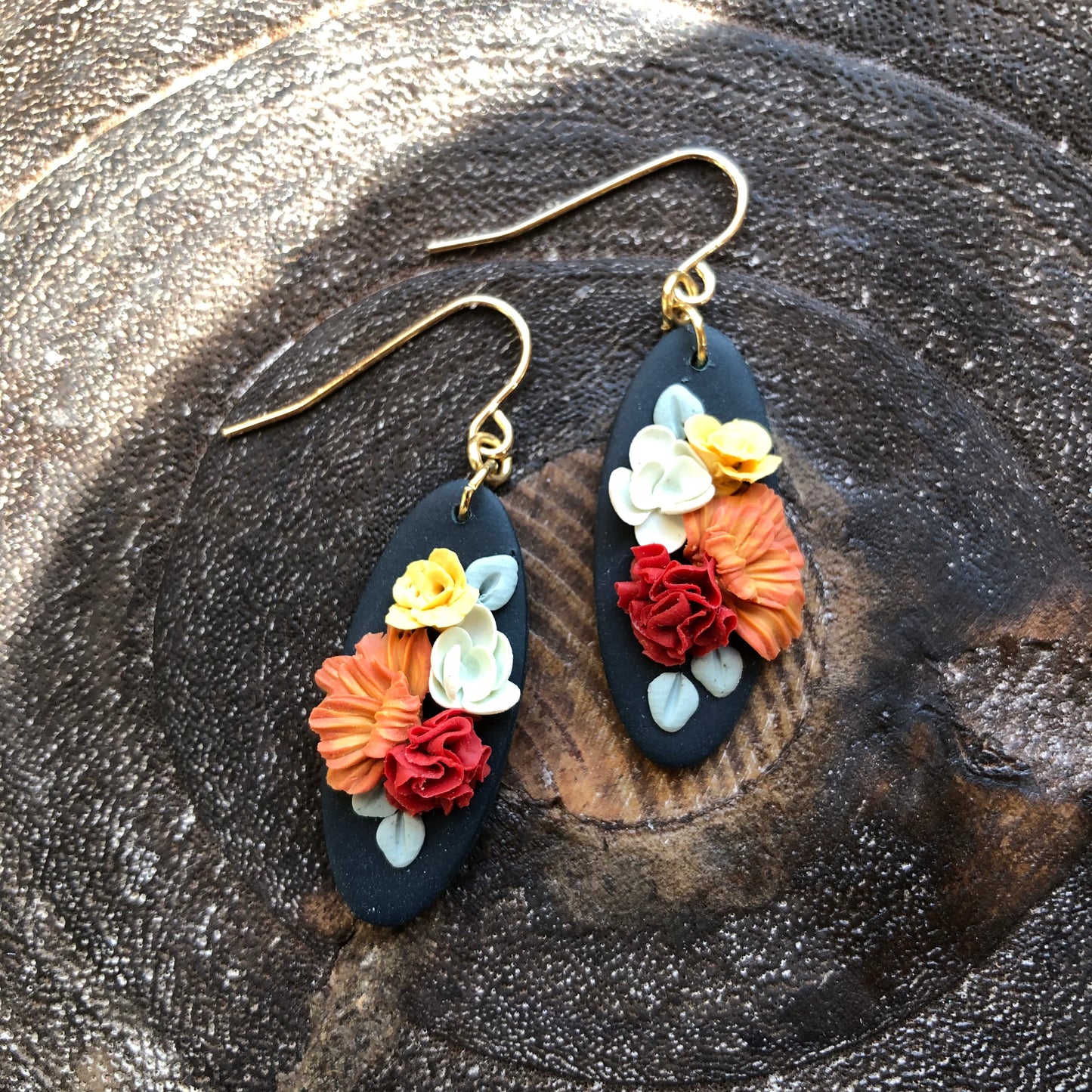 Bright Autumn Floral Polymer Clay Dangles on 14k Gold Filled Hooks