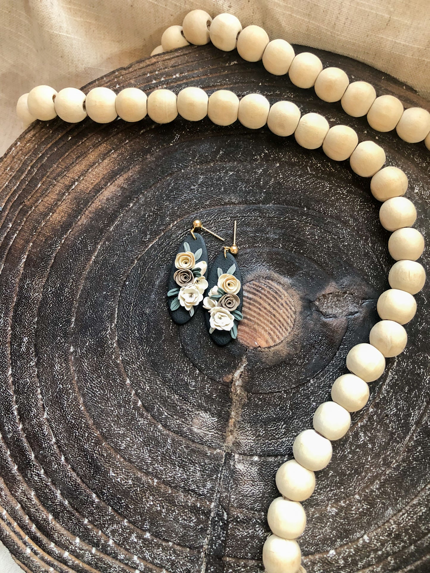 Beige Christmas Collection, Small Oval Polymer Clay Dangles on Gold Ball Posts