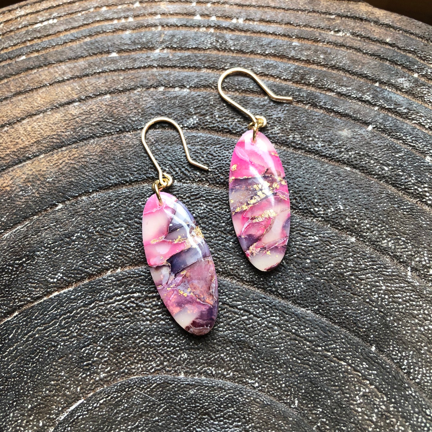 Pinks and Gold, Polymer Clay Oval Dangles on 14k Gold Hooks
