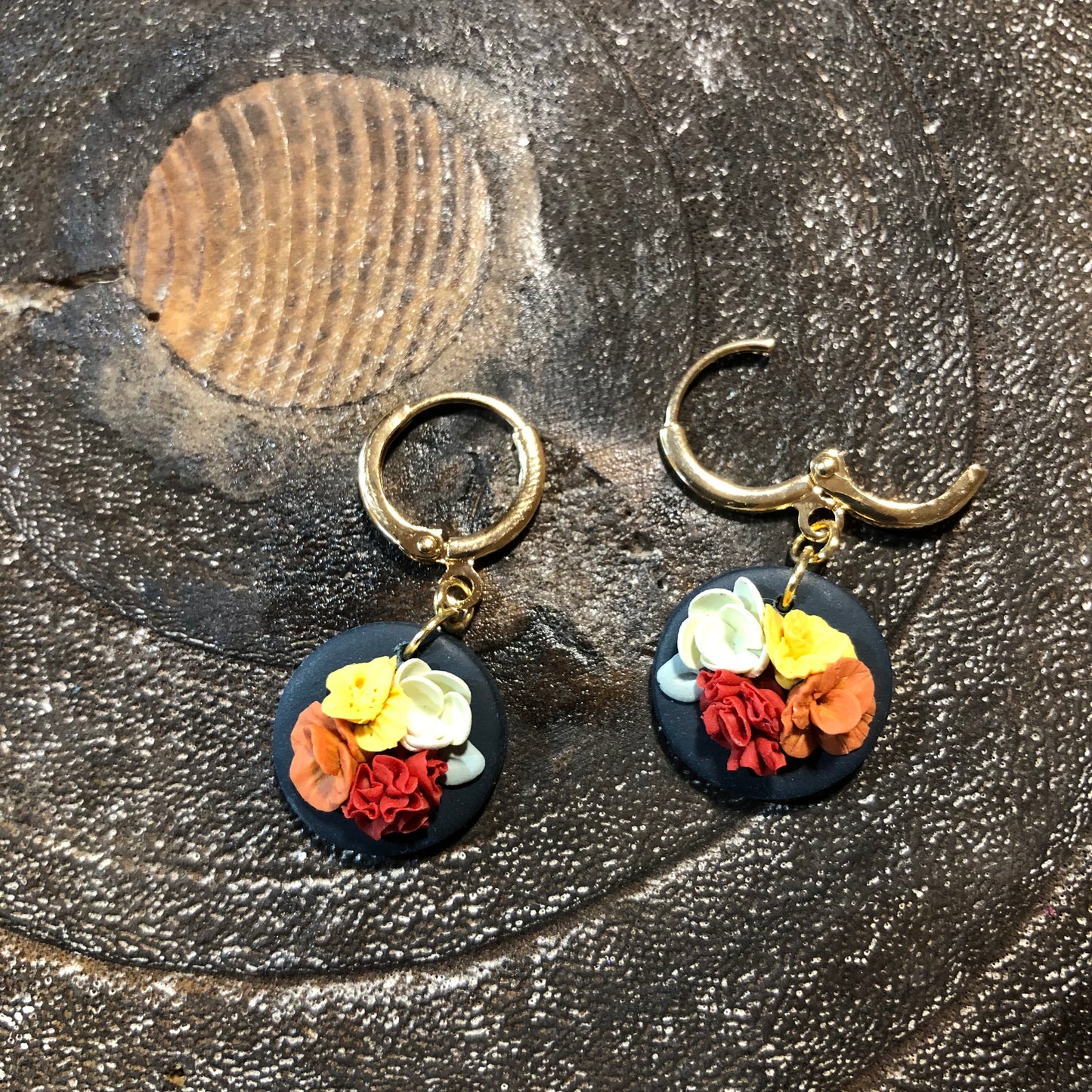 Bright Autumn Floral Polymer Clay Dangles on 14k Gold Filled Huggies
