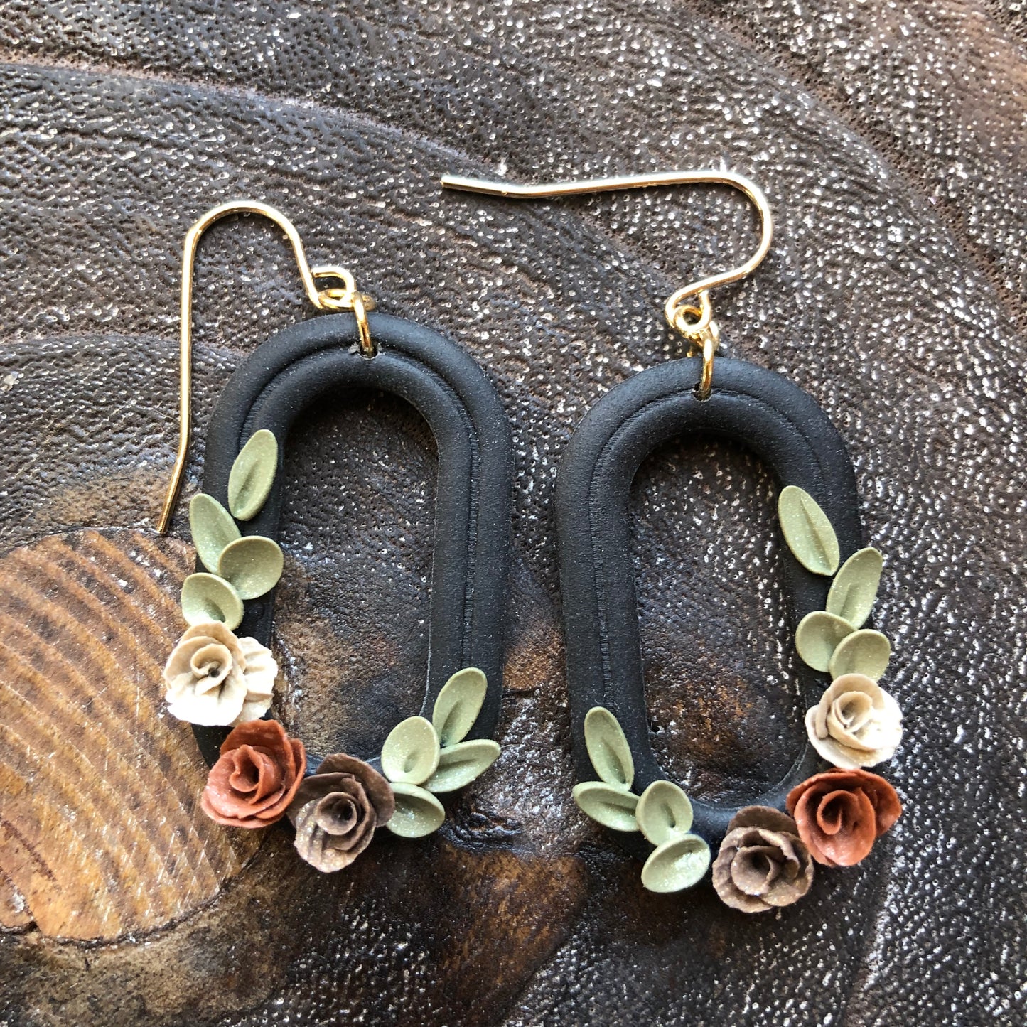 Black Autumn Floral Polymer Clay Dangles on 14k Gold Filled Hooks
