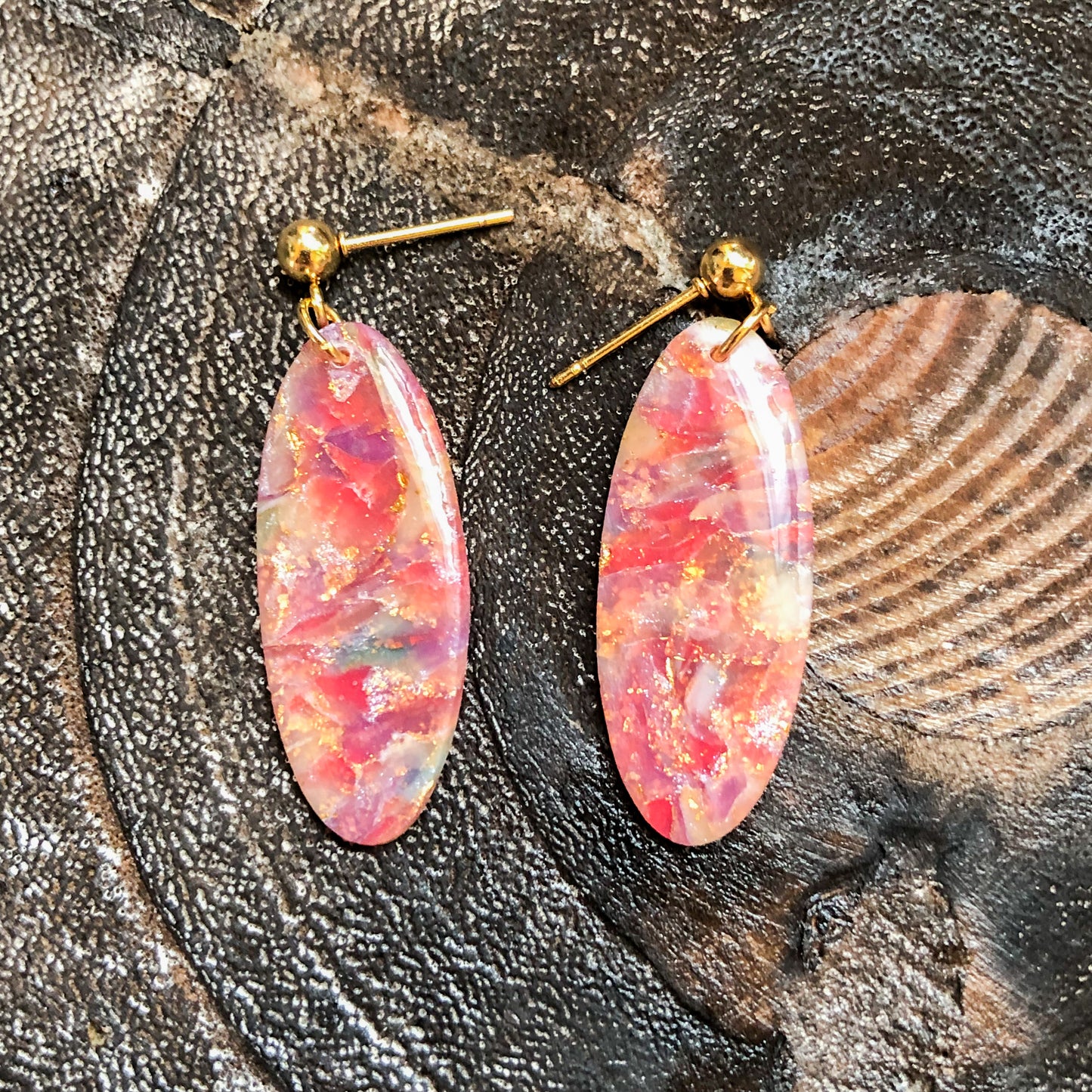 Flecks of Gold Collection, Oval Dangles on Gold Ball Posts