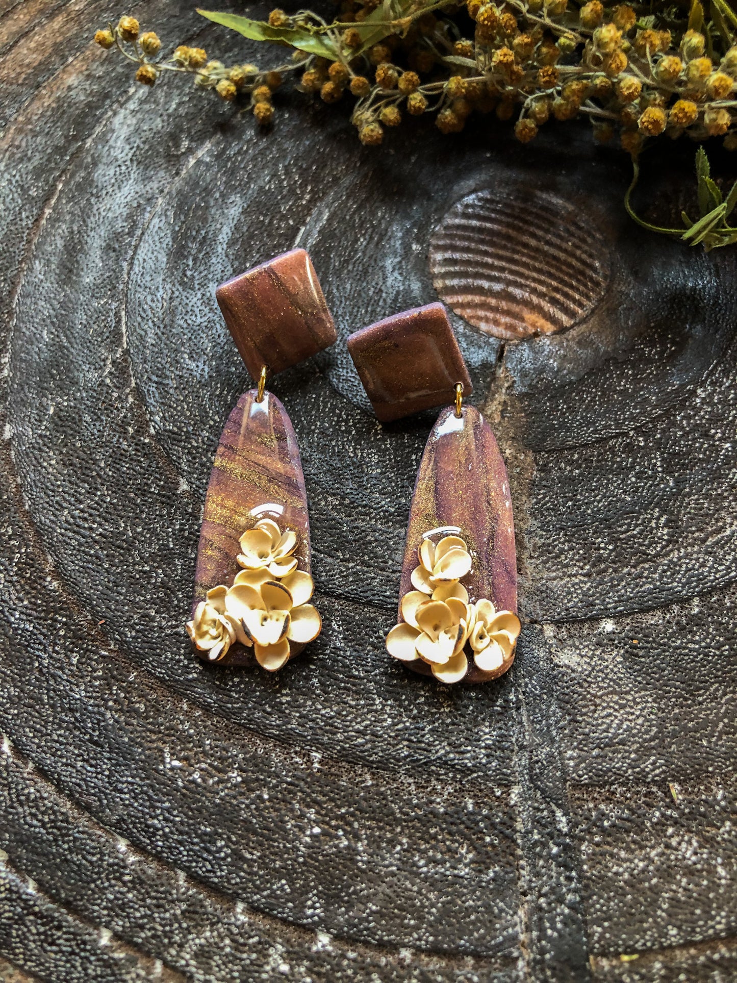 Flecks of Gold Polymer Clay Dangle Earrings with Delicate Cream Coloured Roses, Canadian Made