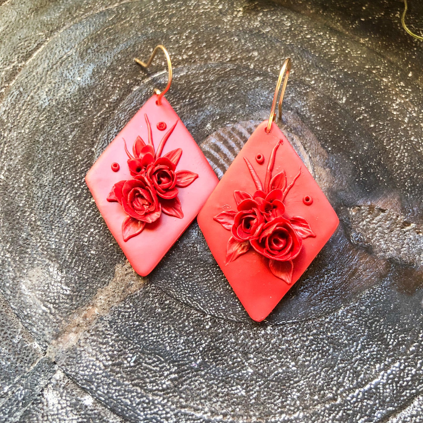 Monochromatic Red Floral Polymer Clay Diamond Dangles on 14k Gold Filled Hooks, Canadian Made