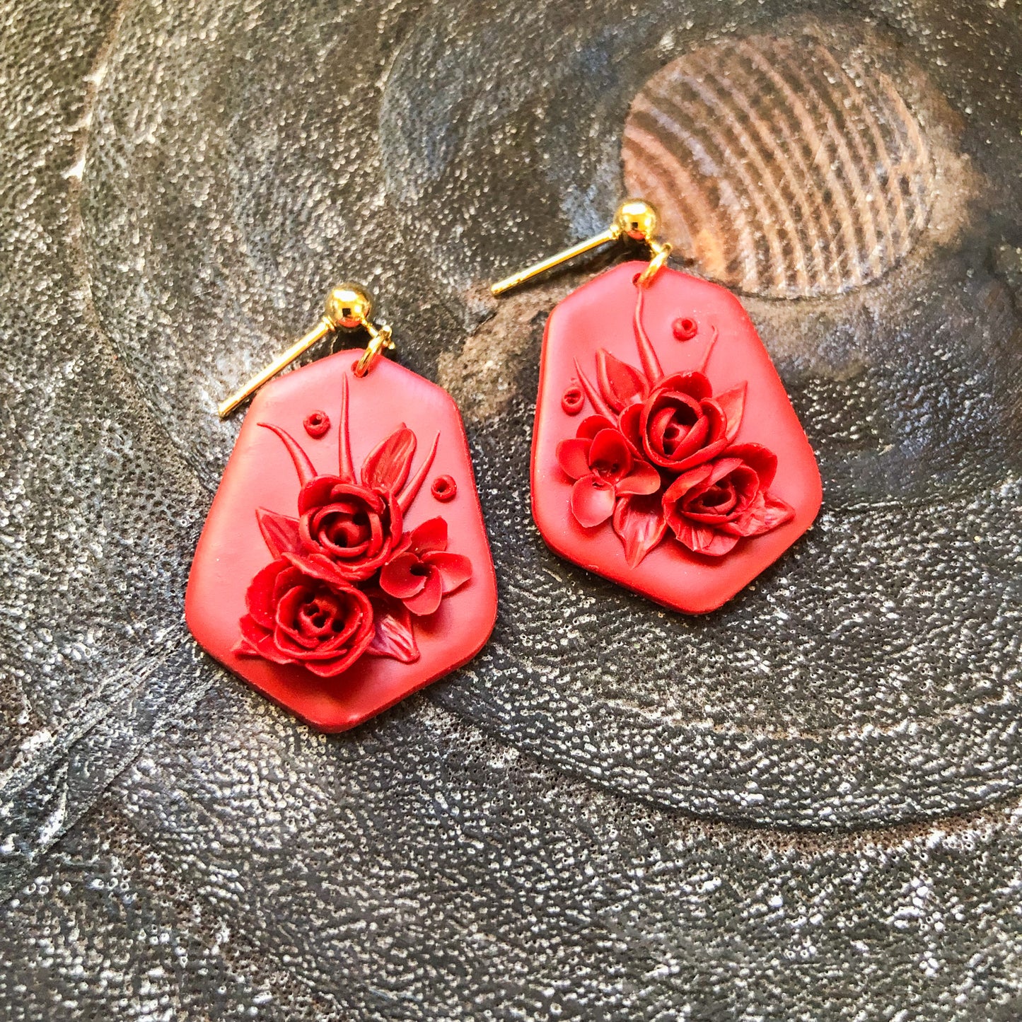 Monochromatic Red Floral Polymer Clay Dangle Earrings on Gold Plated Ball Posts. Canadian Made