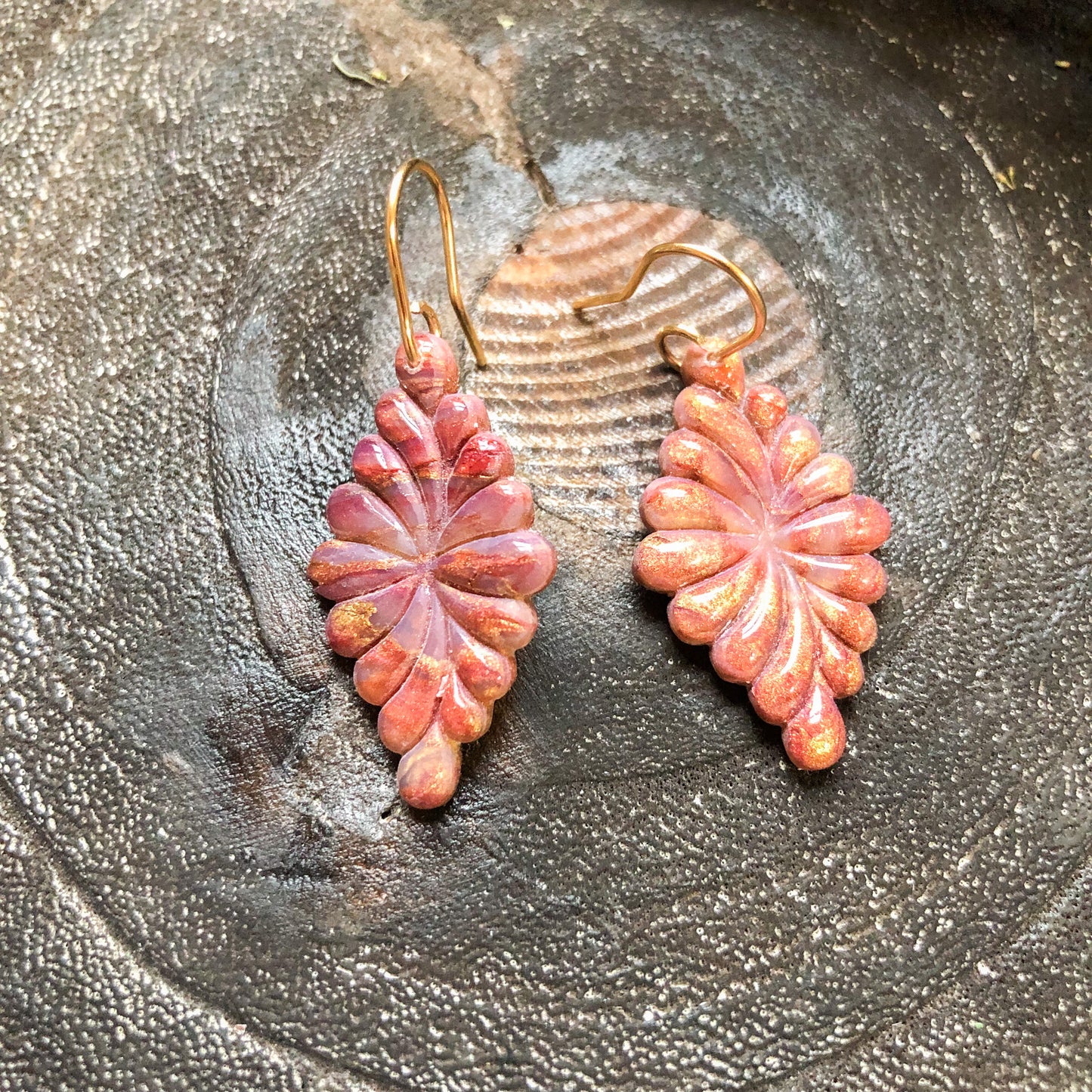 Kezi's Collection, Golds and Reds Diamond Polymer Clay Dangle Earrings on 14k Gold Filled Hooks, Canadian Made