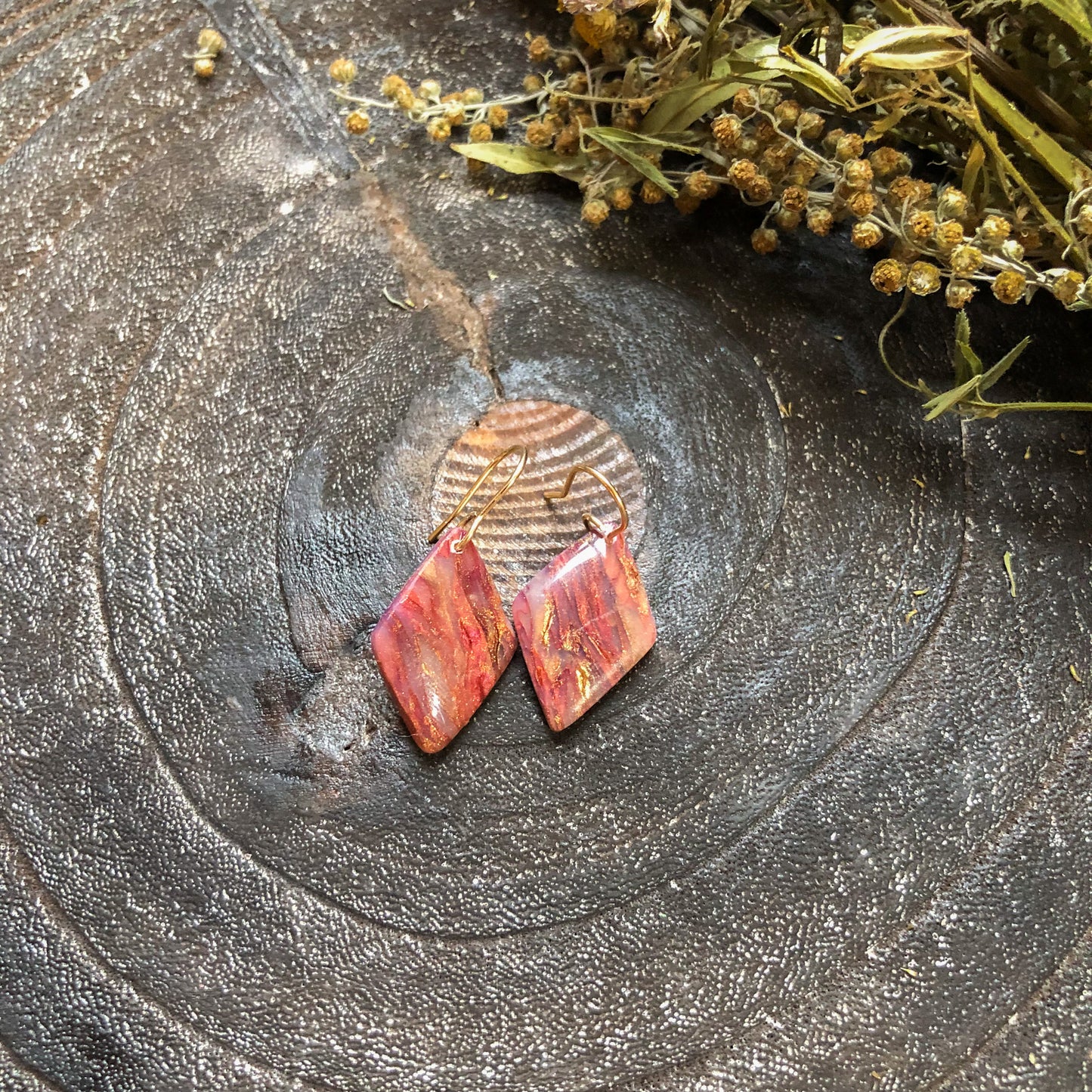 Kezi's Collection, Reds and Golds Diamond Polymer Clay Dangles on 14k Gold Filled Hooks, Canadian Made