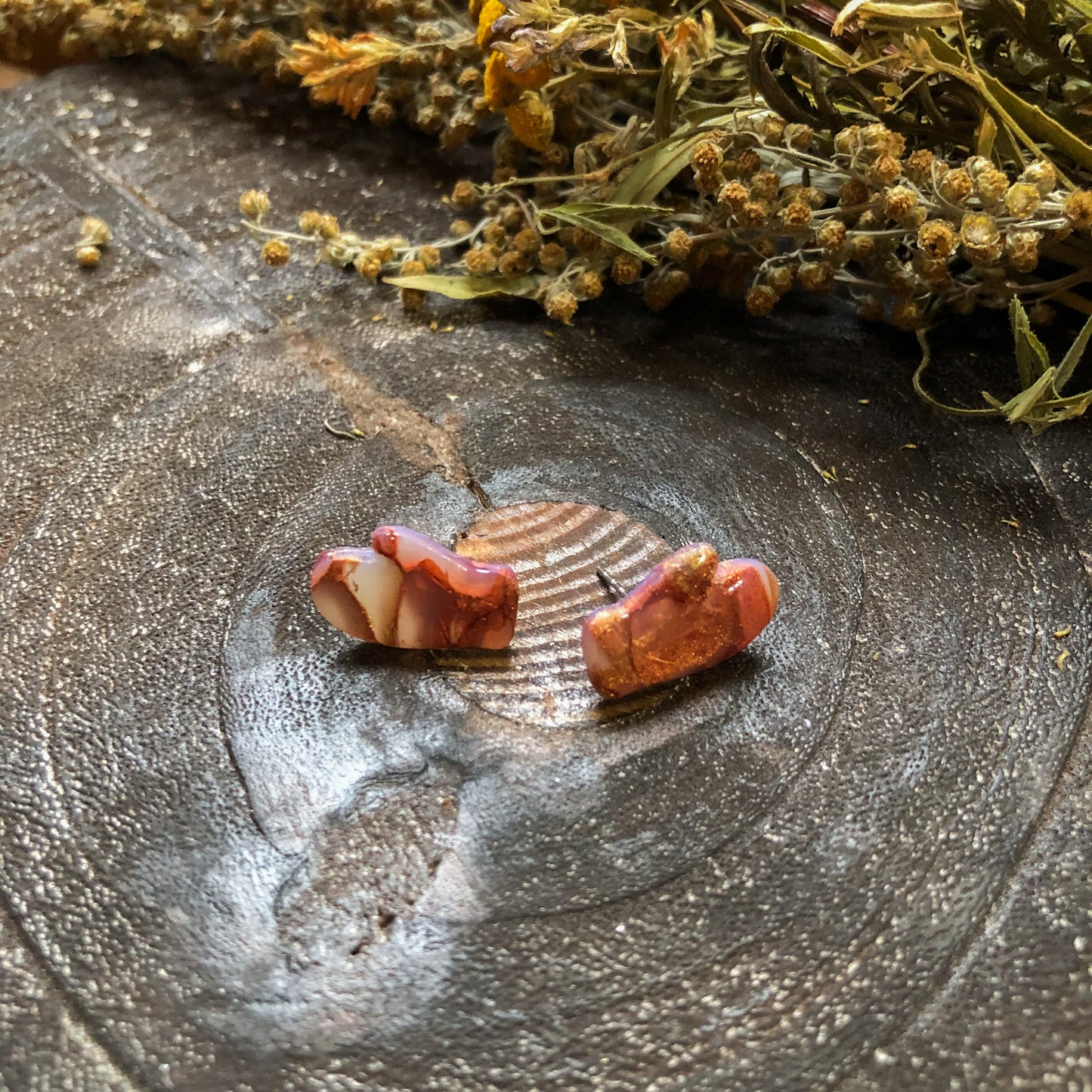Kezi's Collection, Reds and Golds Mitten Polymer Clay Studs on Surgical Stainless Steel, Canadian Made
