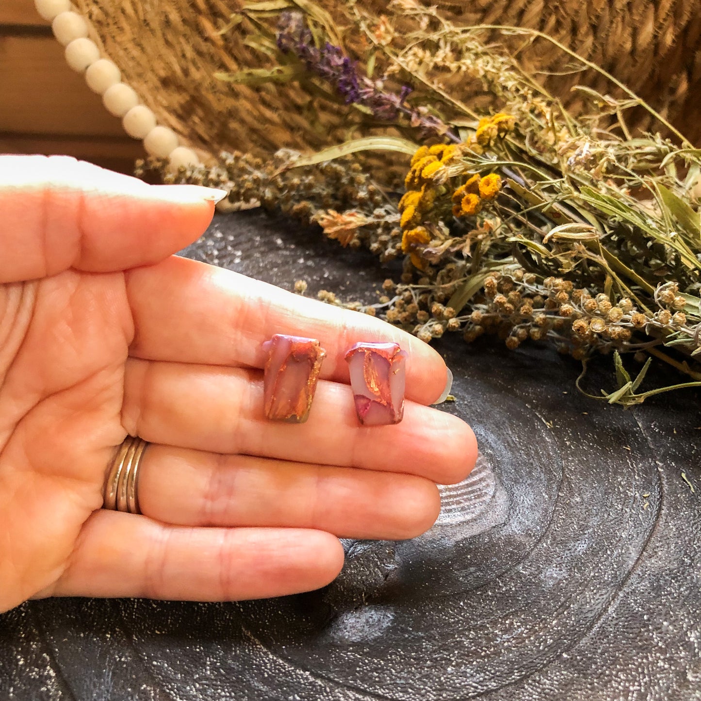 Kezi's Collection, Reds and Golds, Coffee Cup Studs in Polymer Clay on Surgical Stainless Steel, Canadian Made