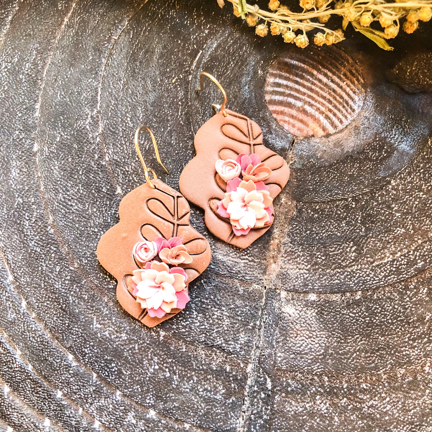 Faux Leather Large Moroccan Shaped Polymer Clay Dangle Earrings on 14k Gold Filled Hooks, Canadian Made