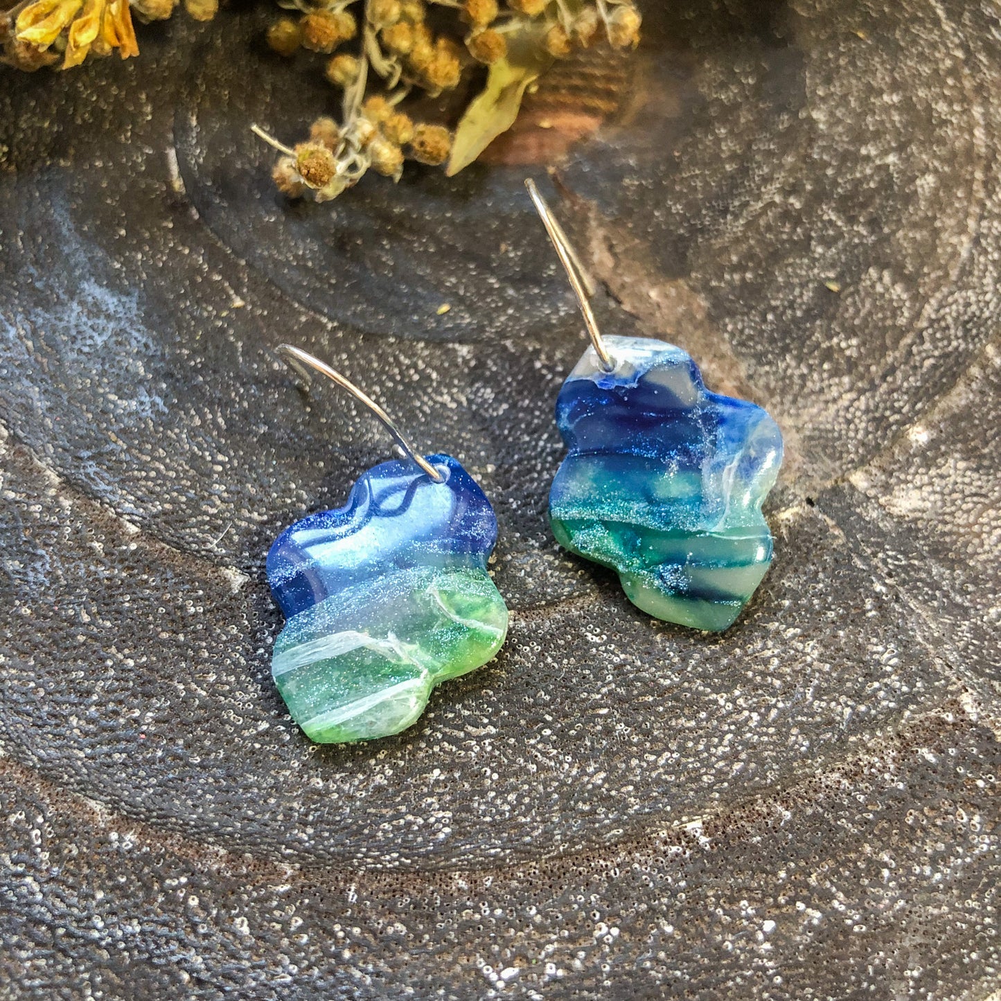 Azarel's Collection, Small Moroccan Style Earrings in Blues and Greens on Sterling Silver, Canadian Made