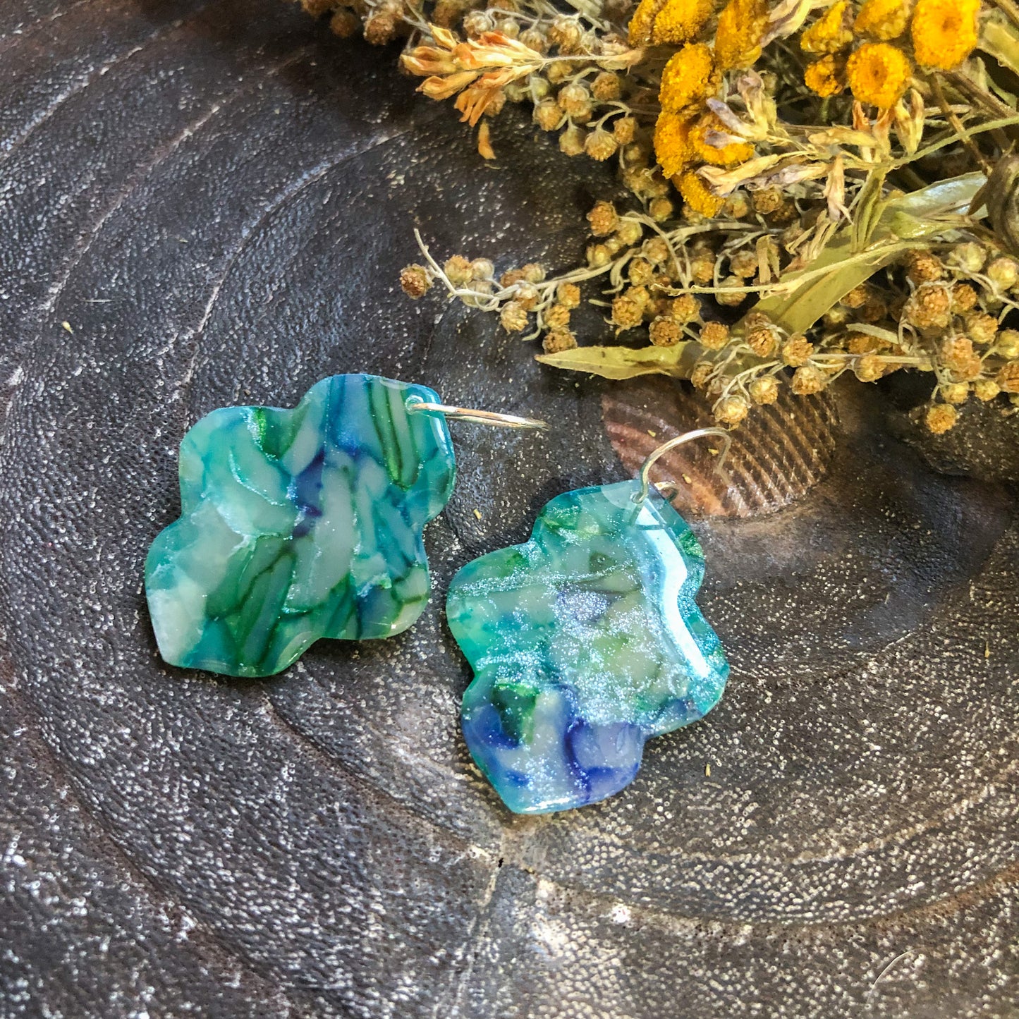 Azarel's Collection, Large Moroccan Polymer Clay Earrings in Blues and Greens on Sterling Silver, Canadian Made