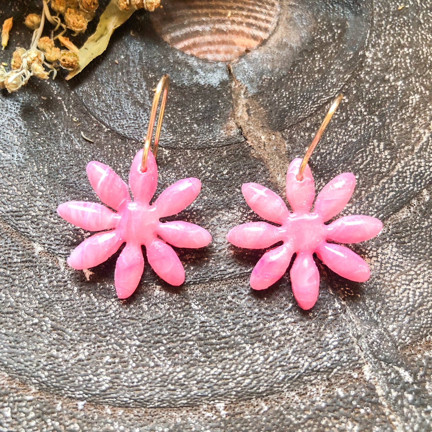 Pink Marble Flower Polymer Clay Dangle Earrings on 14k Gold Filled Hooks, Canadian Made