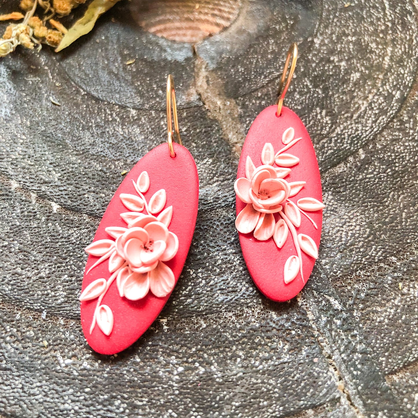 Red and Pinks, Floral Polymer Clay Dangle Earrings on 14k Gold Filled Hooks, Canadian Made