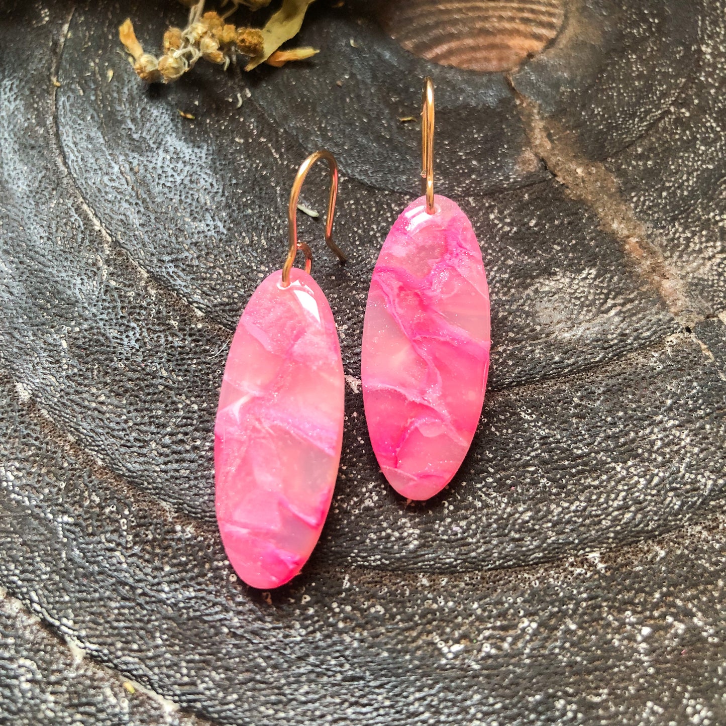 Pink Marbled Small Oval Polymer Clay Dangle Earrings on 14k Gold Filled Hooks, Canadian Made