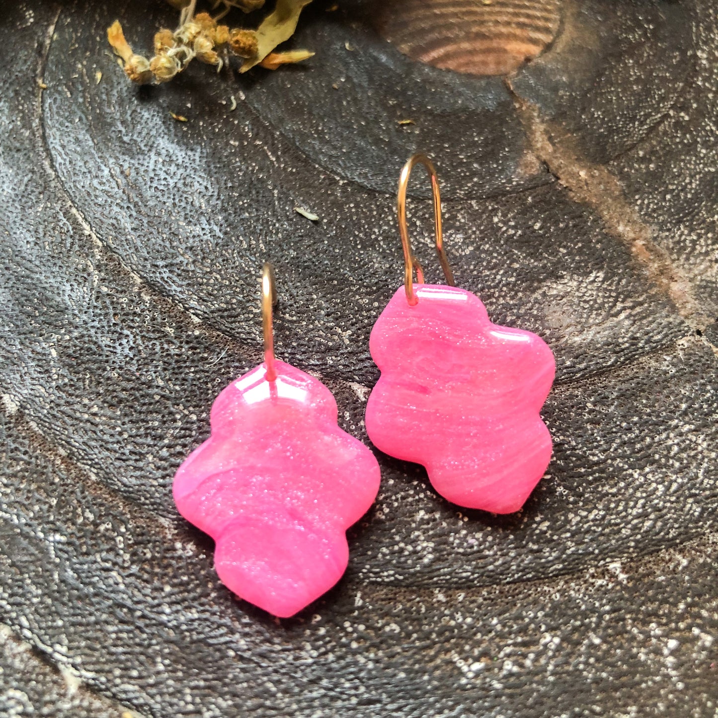 Pink Marbled Moroccan Style Polymer Clay Dangle Earrings, on 14k Gold Filled Hooks, Canadian Made