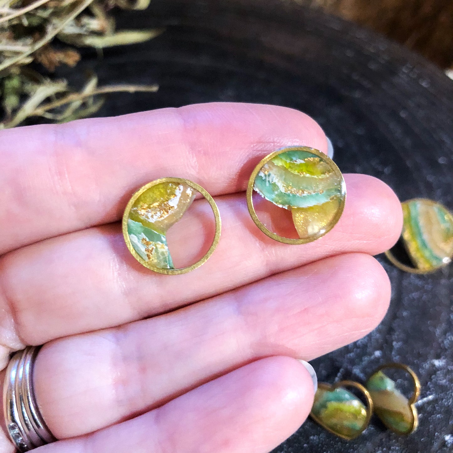 Bright Earthy Faux Stone Studs with Gold Frame, Polymer Clay, Canadian Made