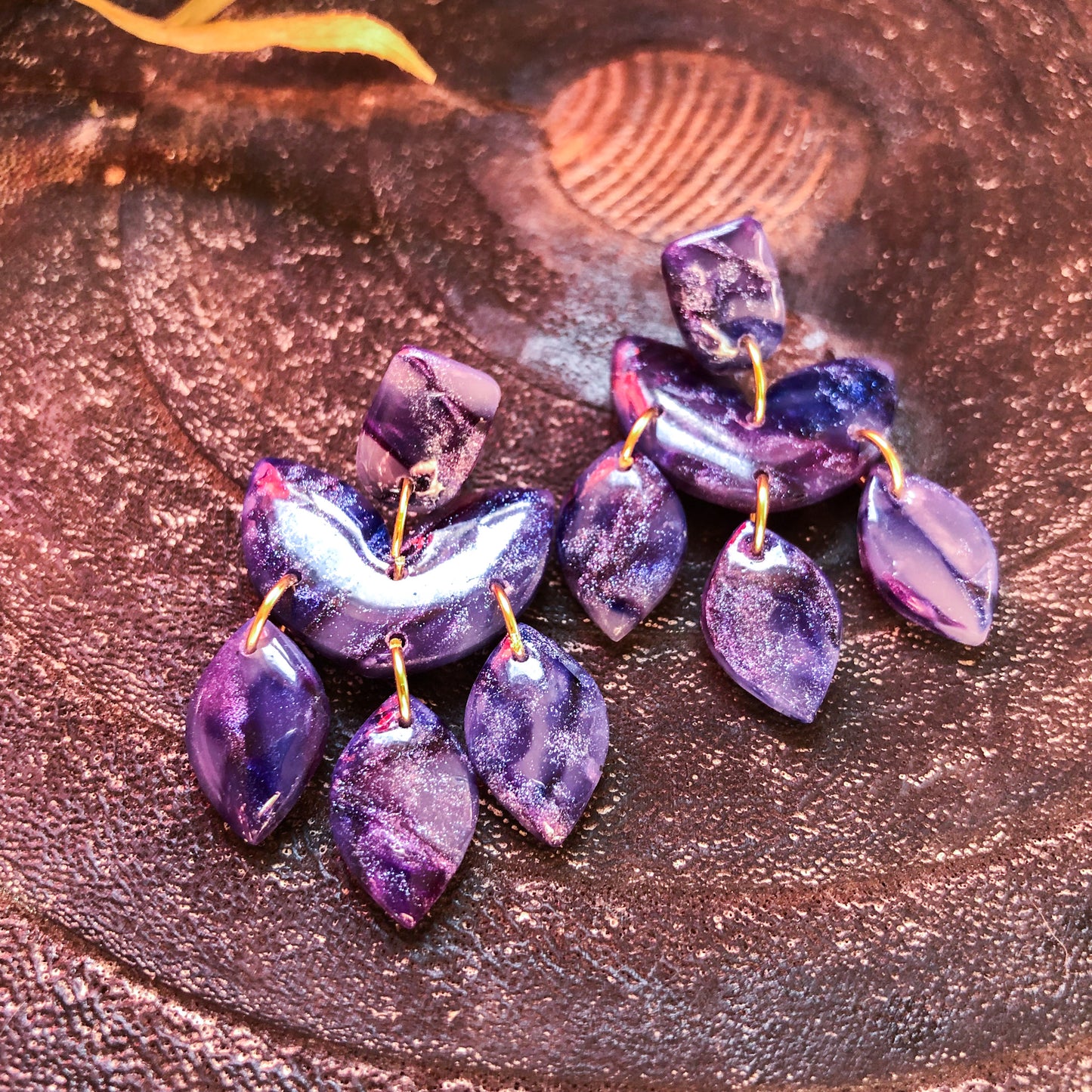 Dark Purple Faux Stone Polymer Clay Abstract Dangles on Surgical Stainless Steel, Canadian Made