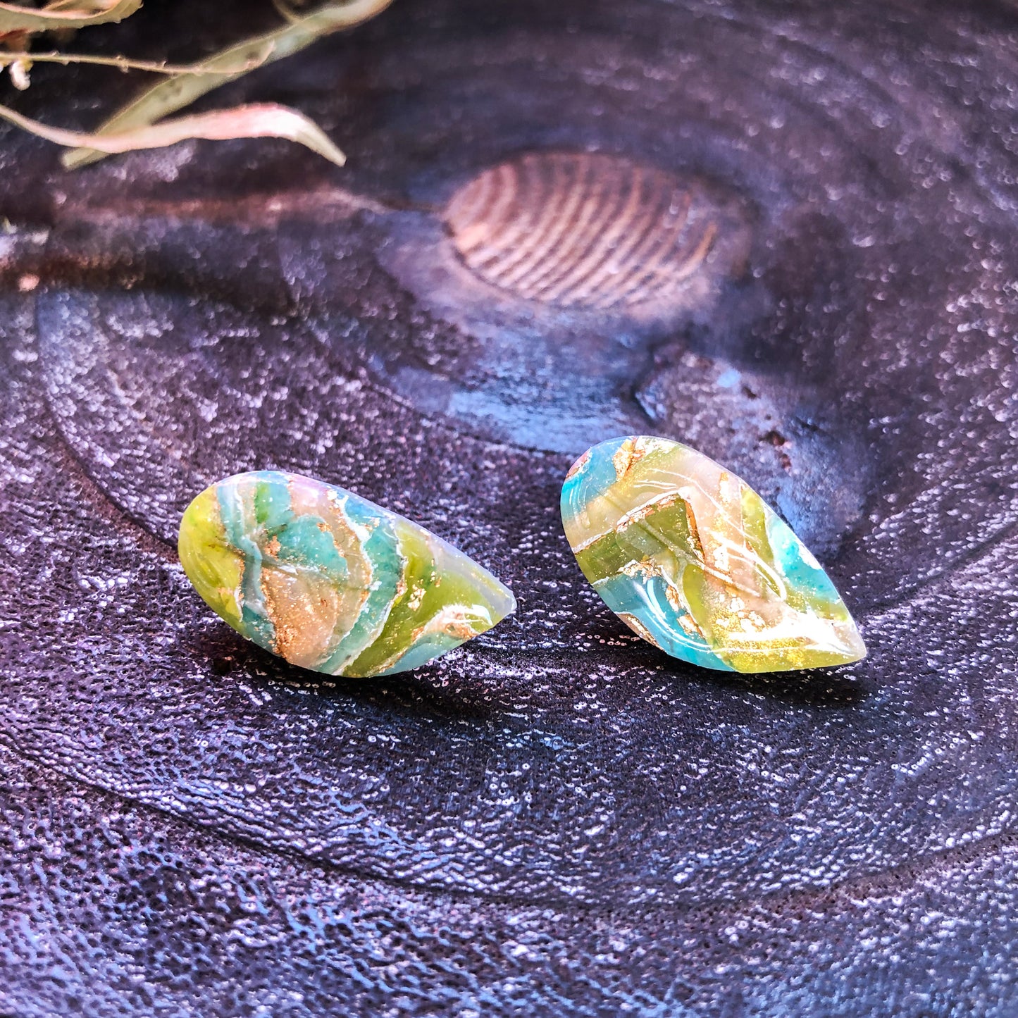 Bright Earthy Faux Stone Leaf Studs in Polymer Clay, Canadian Made