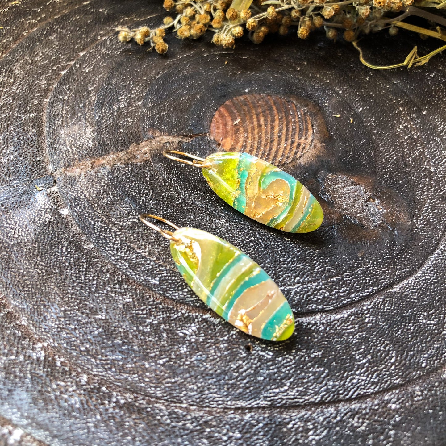 Bright Earthy Faux Stone Polymer Clay Oval Dangles Style 2 on 14K Gold Filled Hooks, Canadian Made
