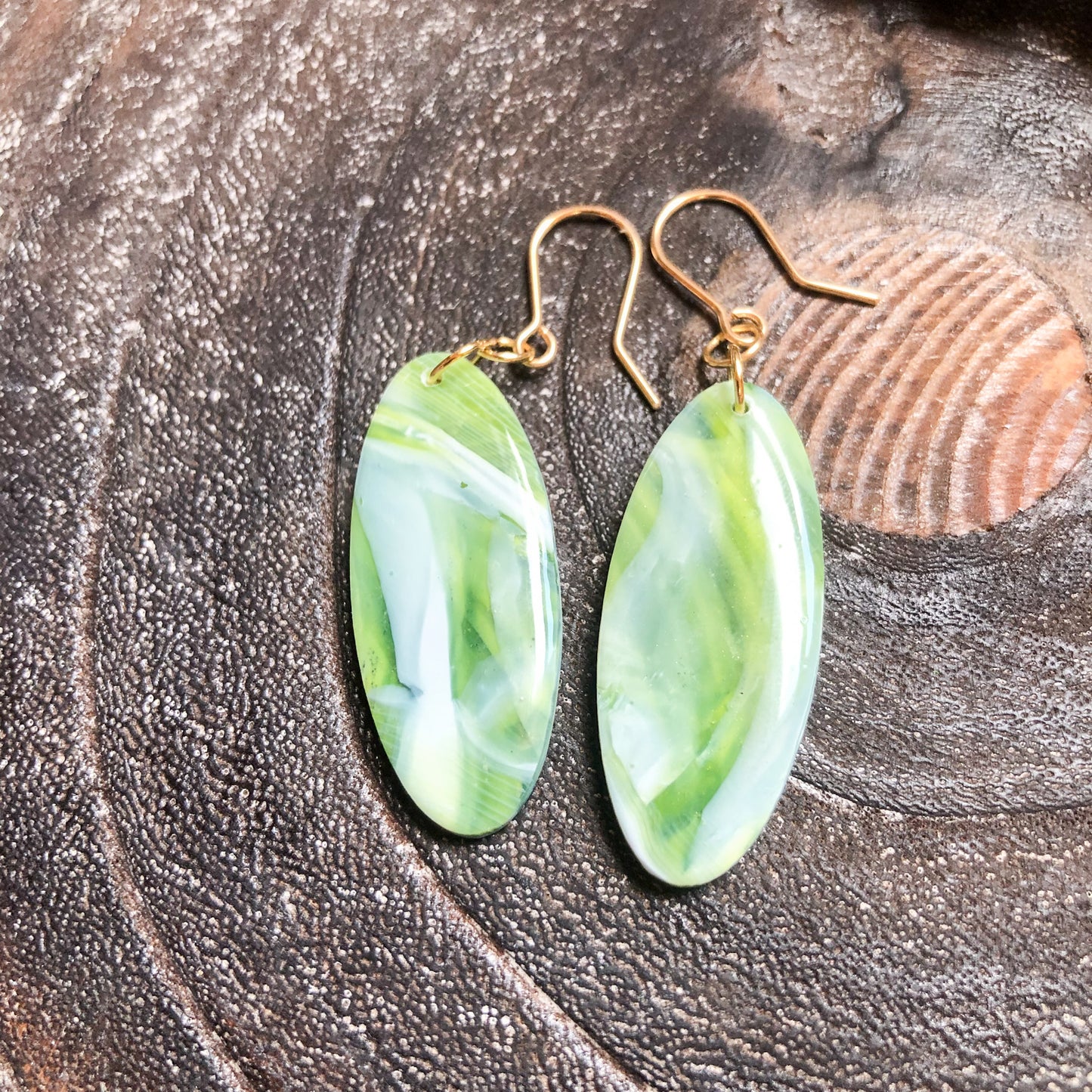 Soft Green Polymer Clay Large Oval Earrings Style 5 on 14k Gold Filled Hooks
