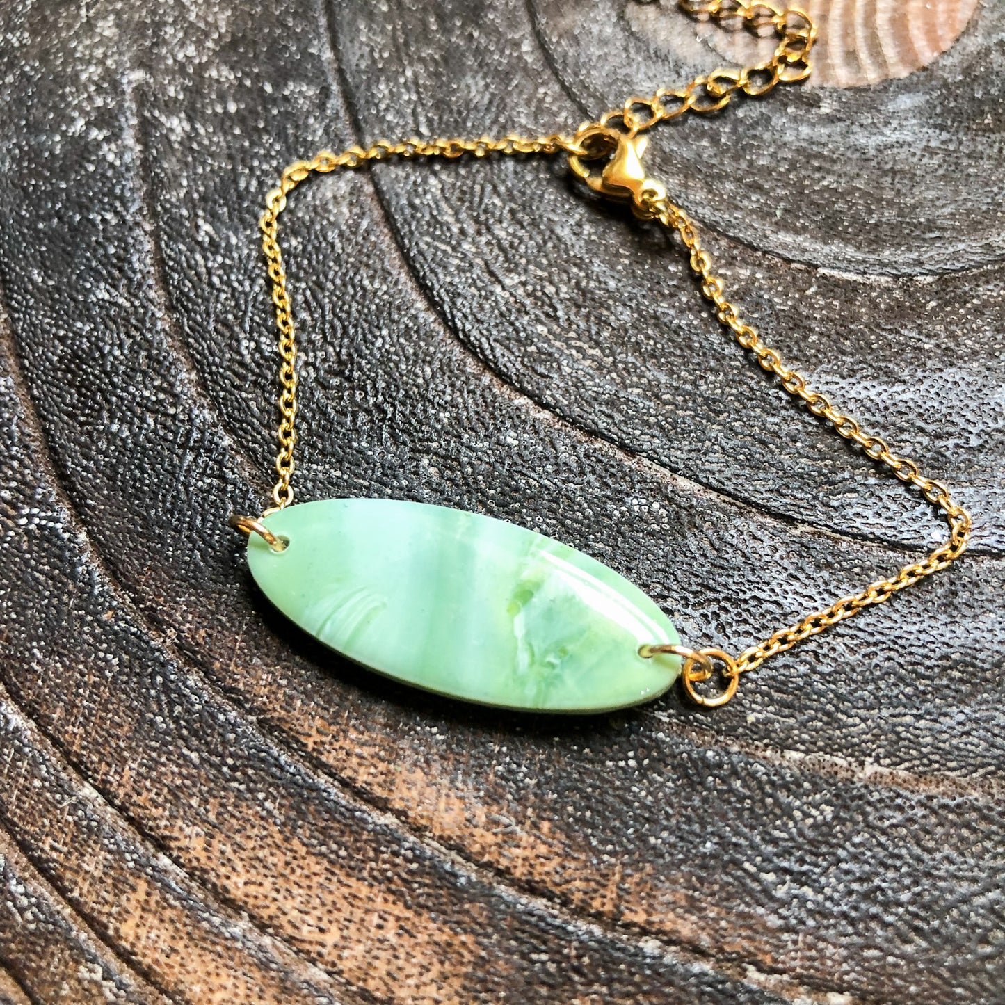 Soft Green Polymer Clay Oval Bracelet on Adjustable Gold Plated Stainless Steel Chain