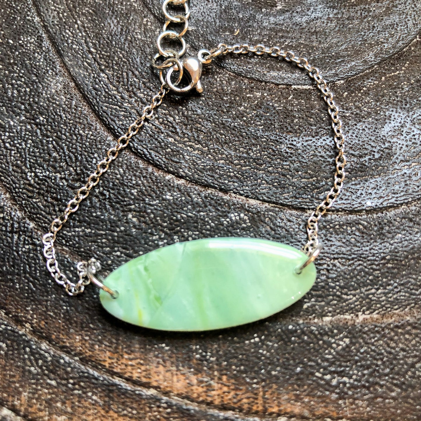 Soft Green Polymer Clay Oval Bracelet on Stainless Steel Adjustable Chain