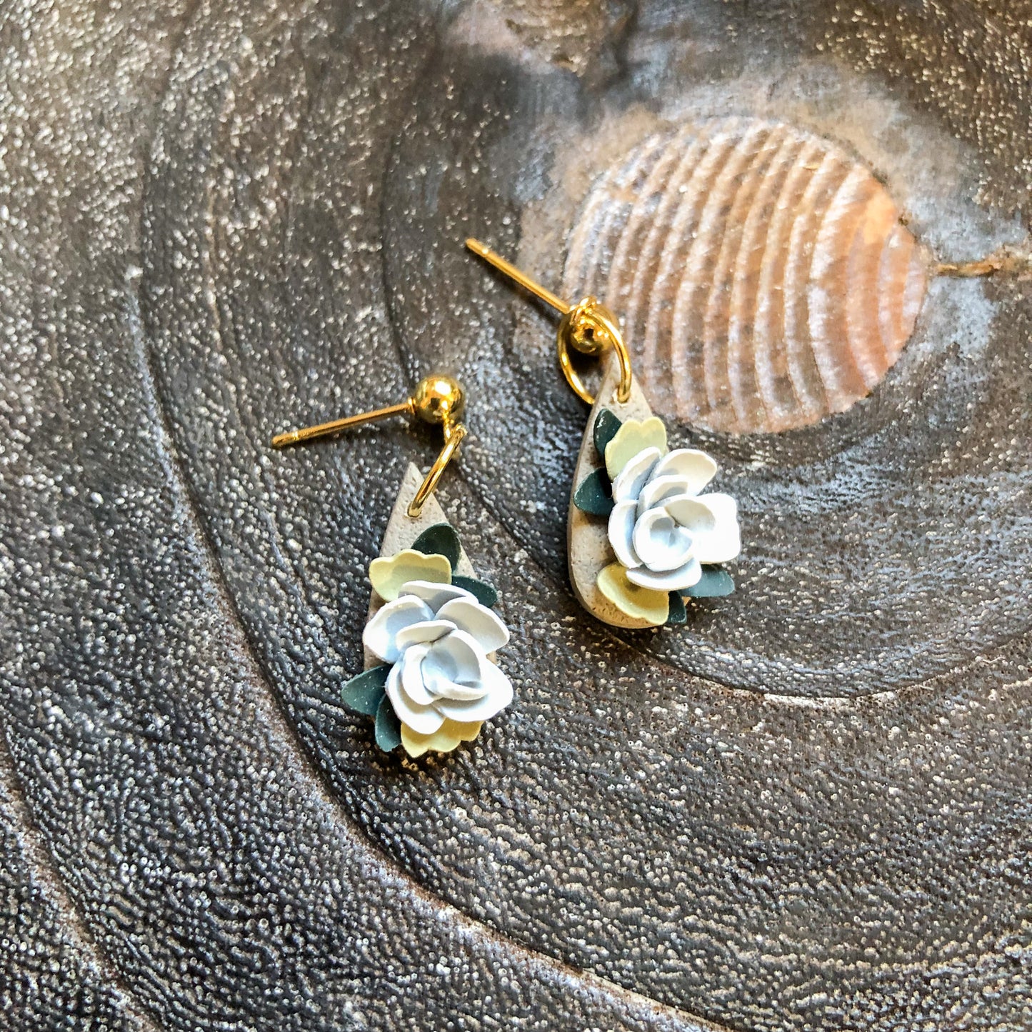 Neutral Tear Drop Polymer Clay Dangles on Gold Ball Posts