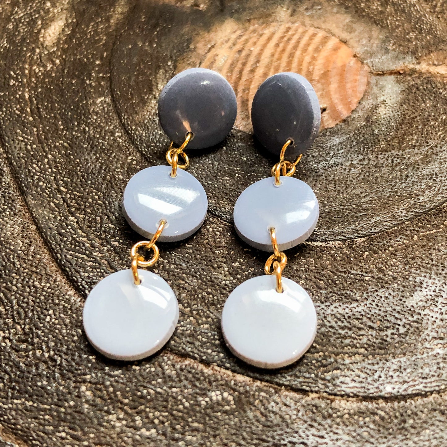 Blue Collection, Glossy Circle Polymer Clay Dangles on Surgical Stainless Steel