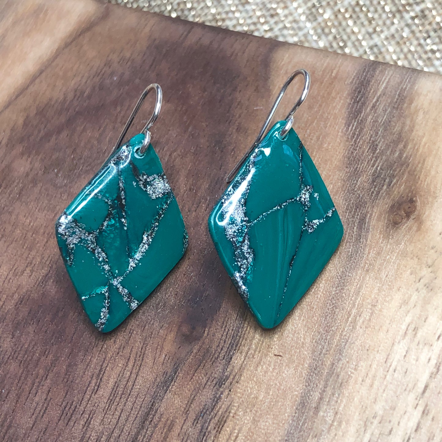 Emerald Green Diamond Shaped Polymer Clay Marbled Earrings, on Sterling Silver Filled Wire, Canadian Made