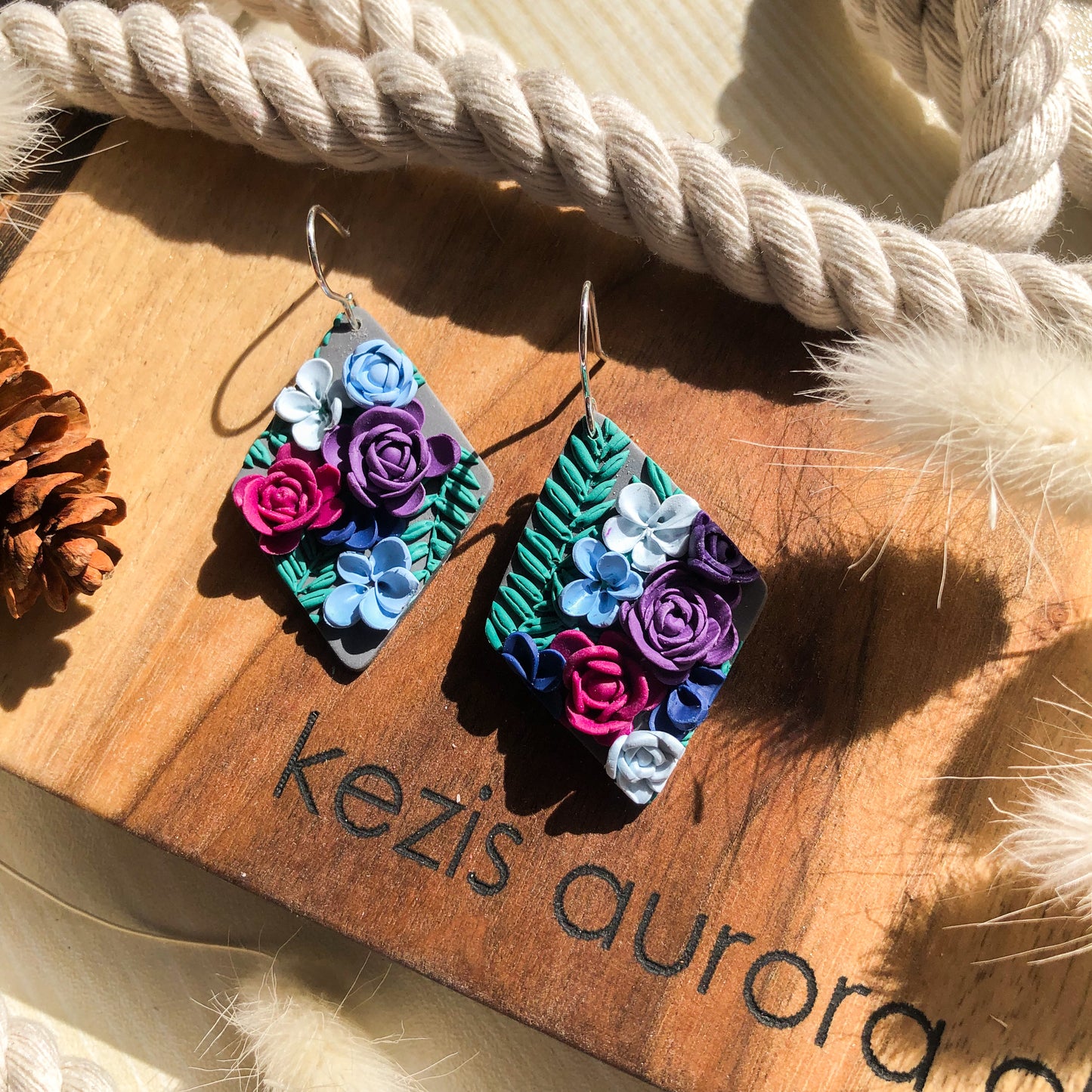 Stormy Spring Floral Polymer Clay Dangle Earrings on Sterling Silver Hooks, Canadian Made
