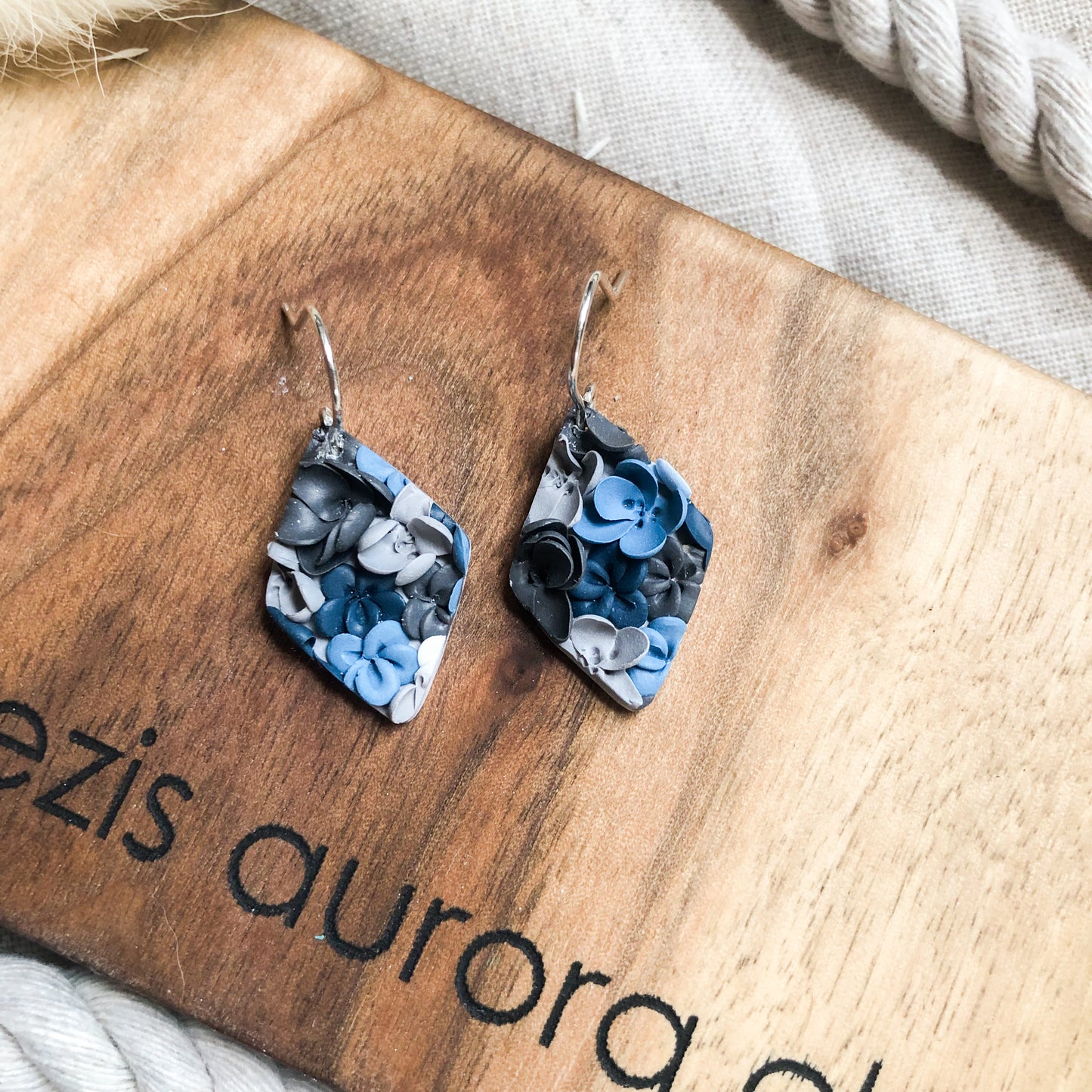 Flowers in Blue, Polymer Clay Dangle Earrings, Canadian Made