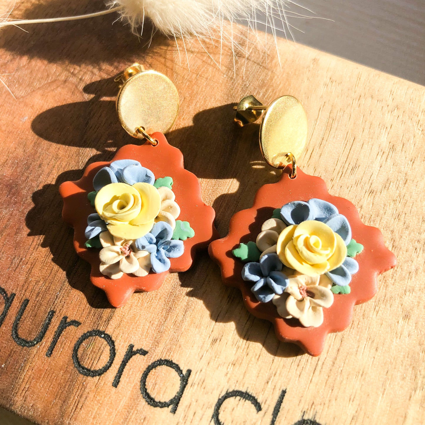 Autumn Floral Polymer Clay Dangle Earrings on Gold Circle Post, Canadian Made