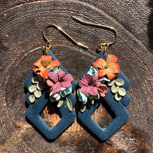 Tropical Autumn, Polymer Clay Dangle Earrings on 14k Gold Hooks