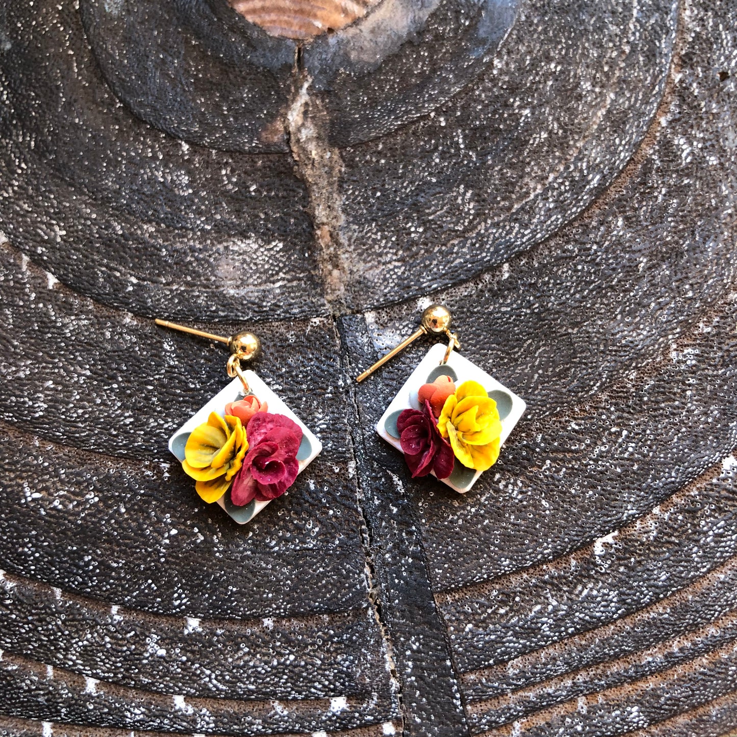 Summer 2025 Polymer Clay Collection, Diamond Dangle Earrings on Gold Plated Ball Posts