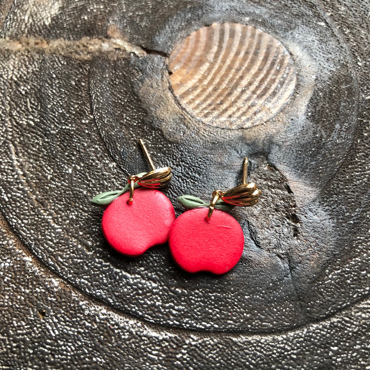 Red Apple Polymer Clay Dangle Earrings on 14k Gold Filled Posts