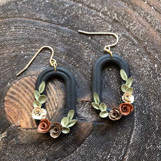 Black Autumn Floral Polymer Clay Dangles on 14k Gold Filled Hooks