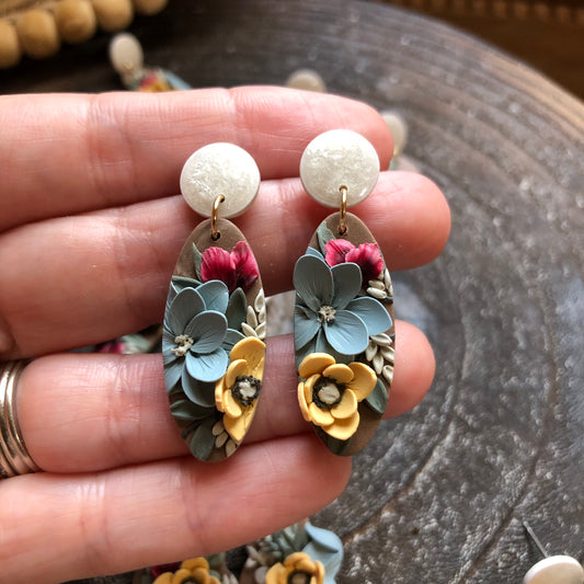 Late Bloom Oval Floral Dangles, on Surgical Stainless Steel