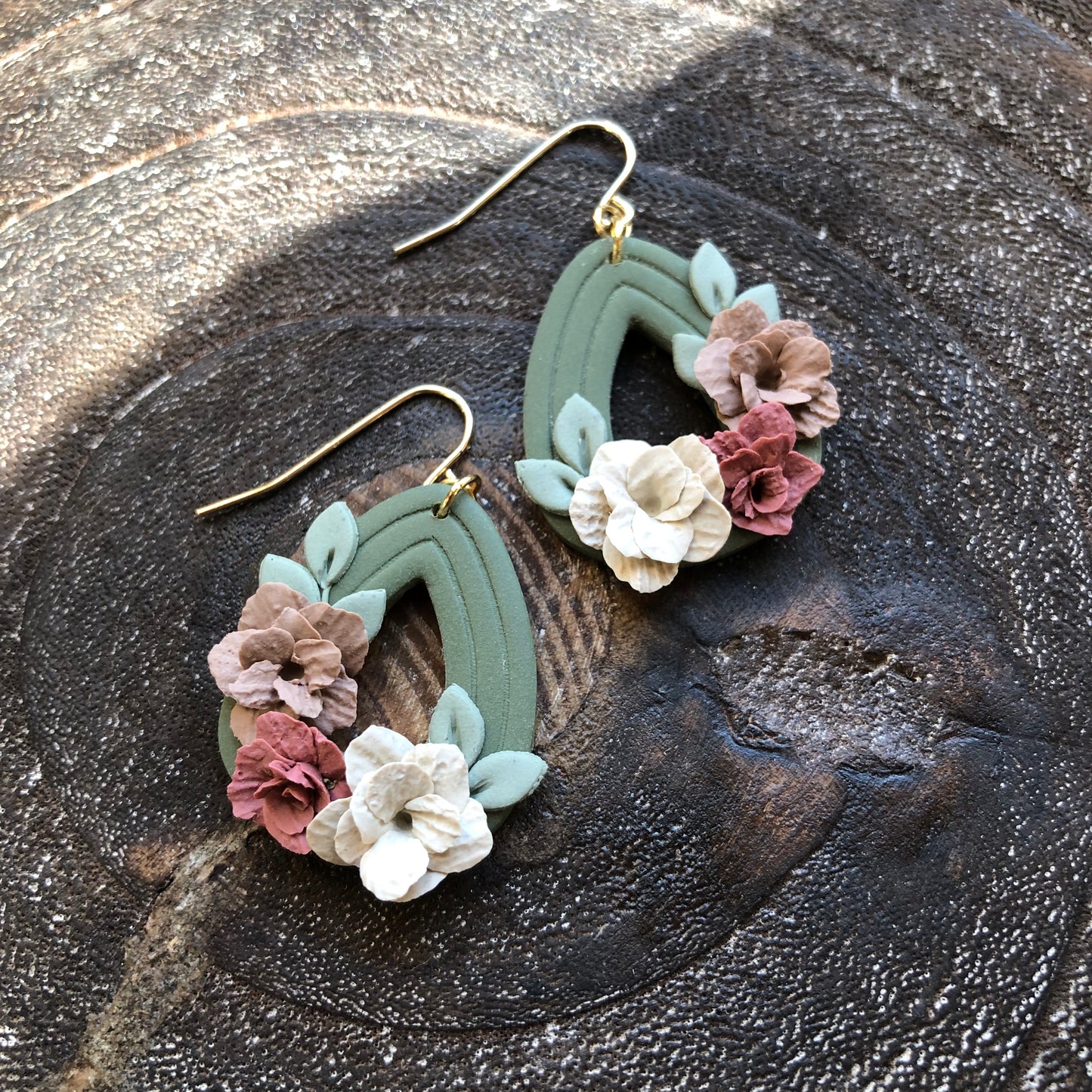 Autumn Flowers, Polymer Clay Dangles on 14k