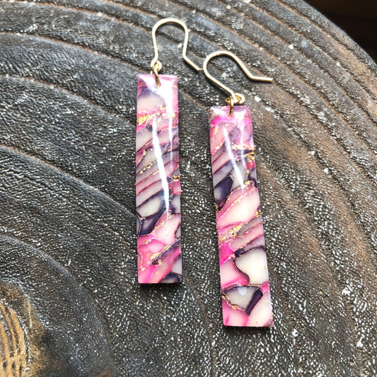 Pinks and Golds, Polymer Clay Rectangle Dangles on 14k Gold